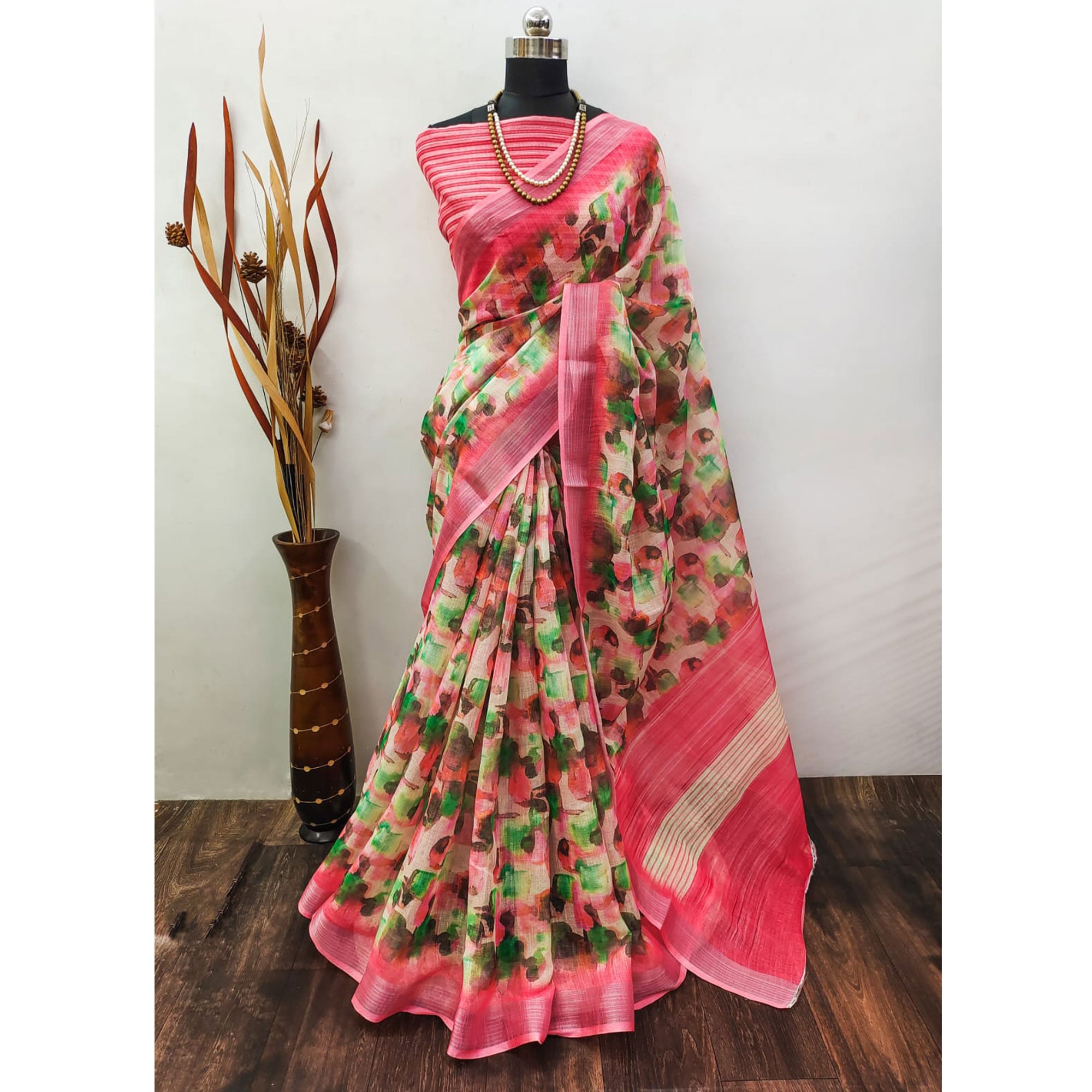 Pink Abstract Digital Printed Linen Saree with Zari Border