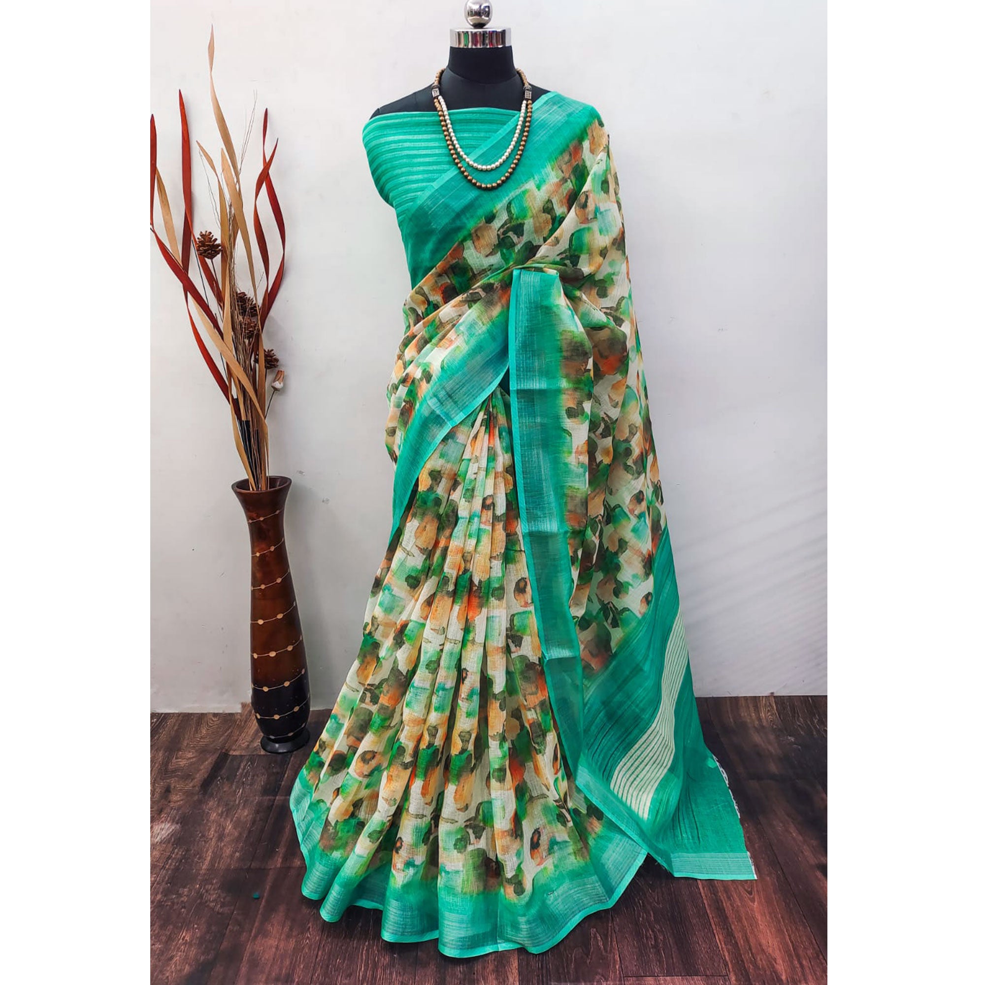 Green Abstract Digital Printed Linen Saree with Zari Border