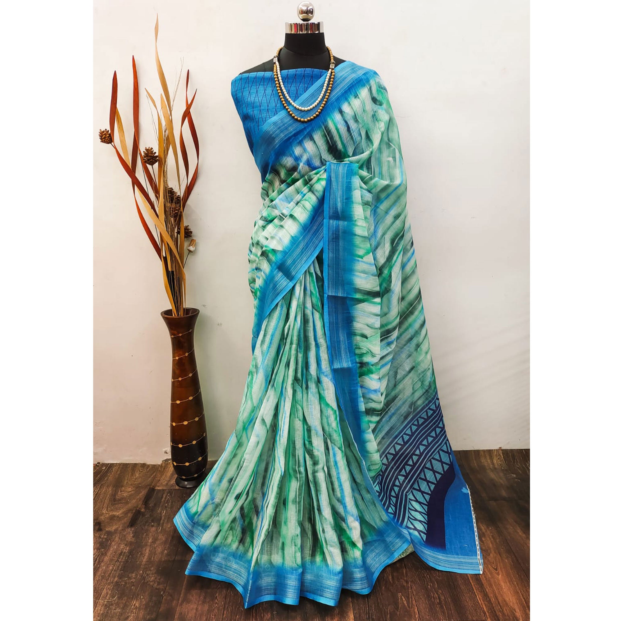 Blue Abstract Digital Printed Linen Saree with Zari Border