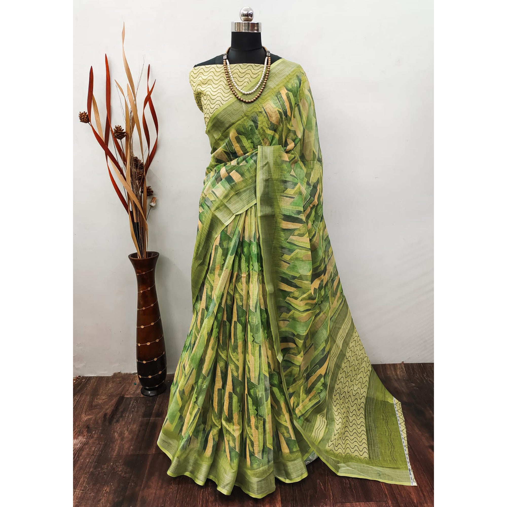 Green Abstract Digital Printed Linen Saree with Zari Border