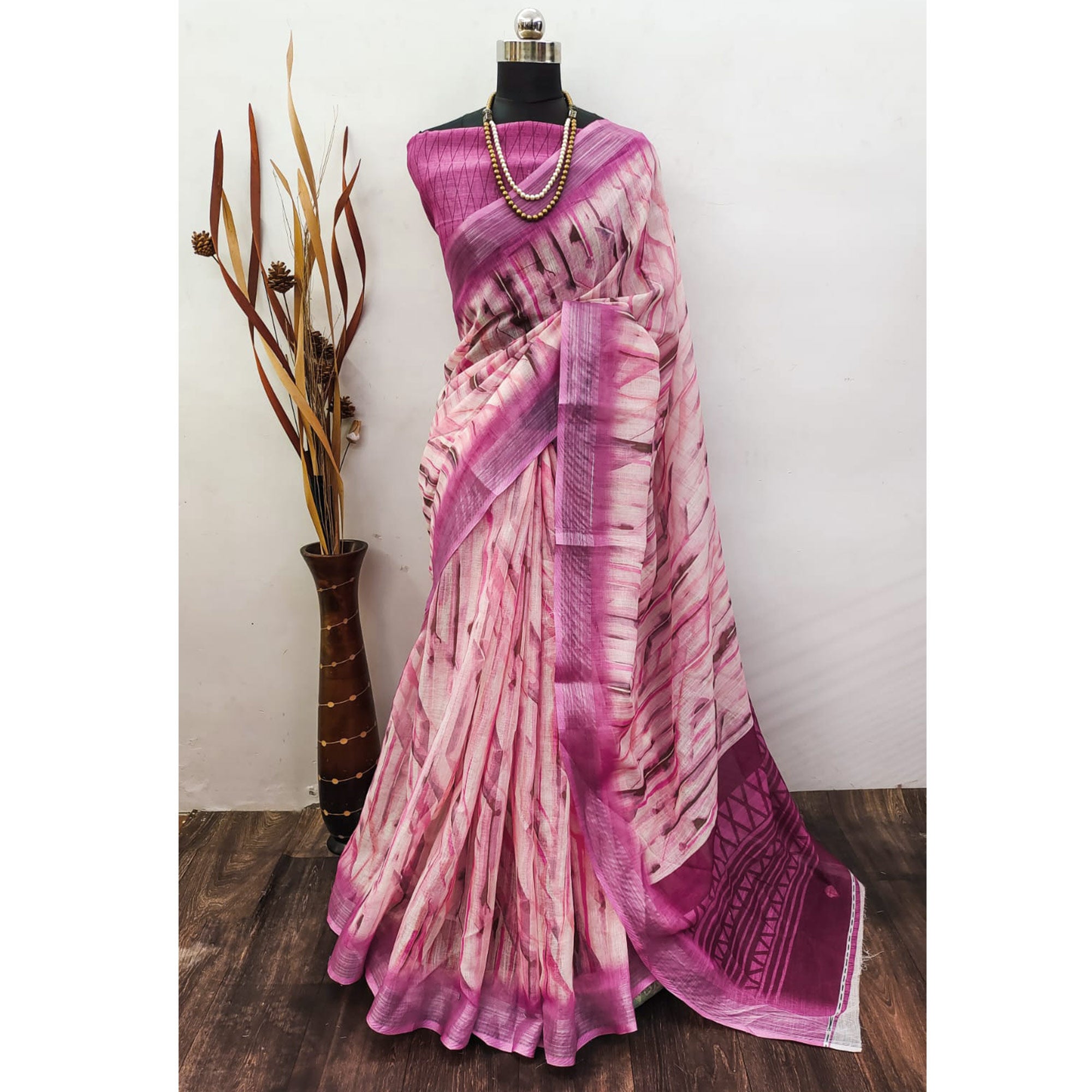 Magenta Abstract Digital Printed Linen Saree with Zari Border