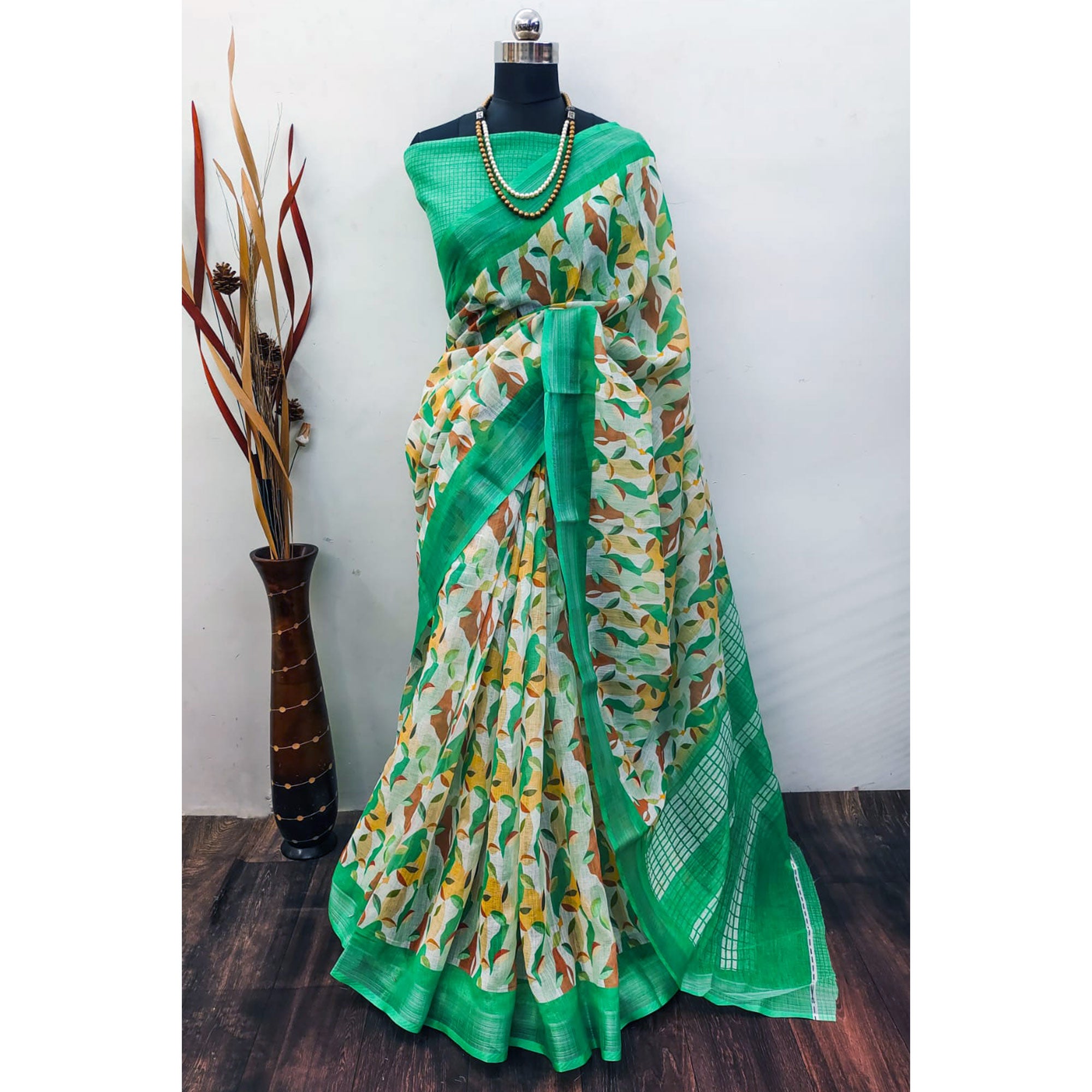 Multicolor Floral Digital Printed Linen Saree with Zari Border