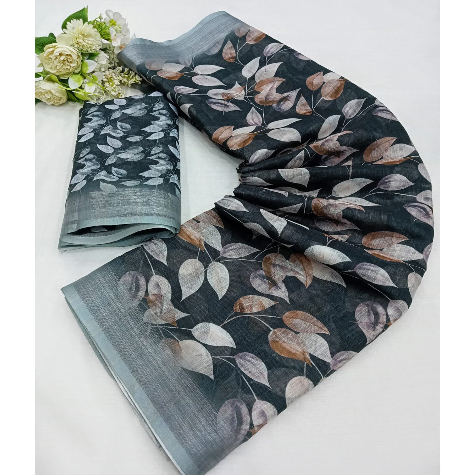 Dark Grey Digital Printed Linen Saree With Border