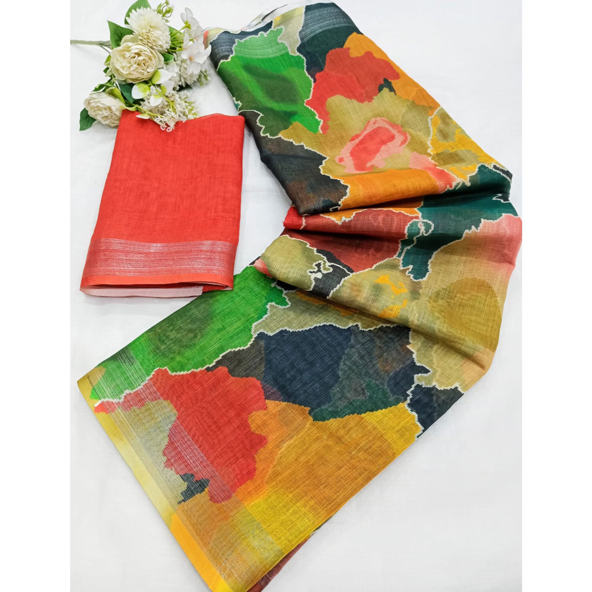 Multicolor Digital Printed Linen Saree With Border