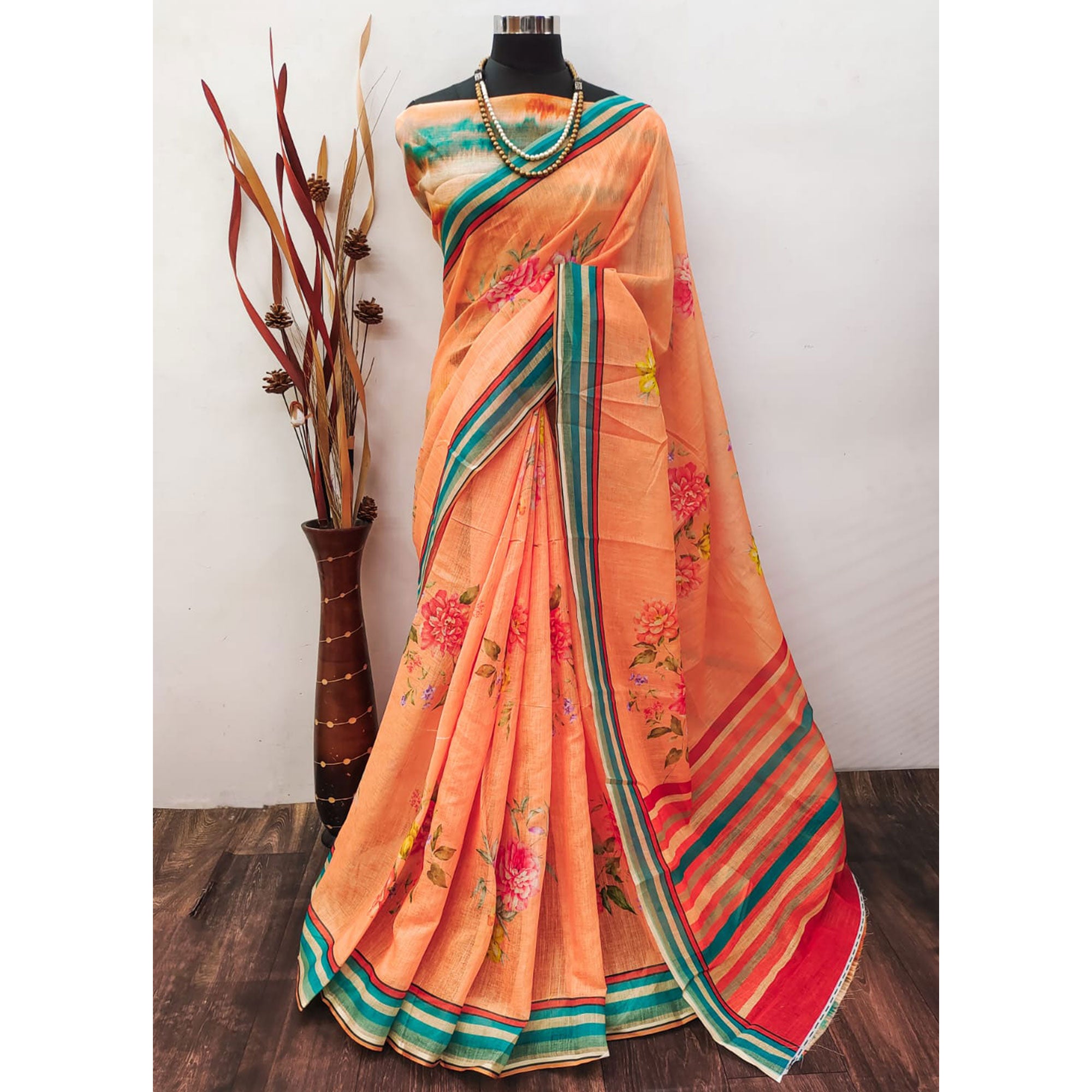 Orange Digital Printed Linen Saree With Border