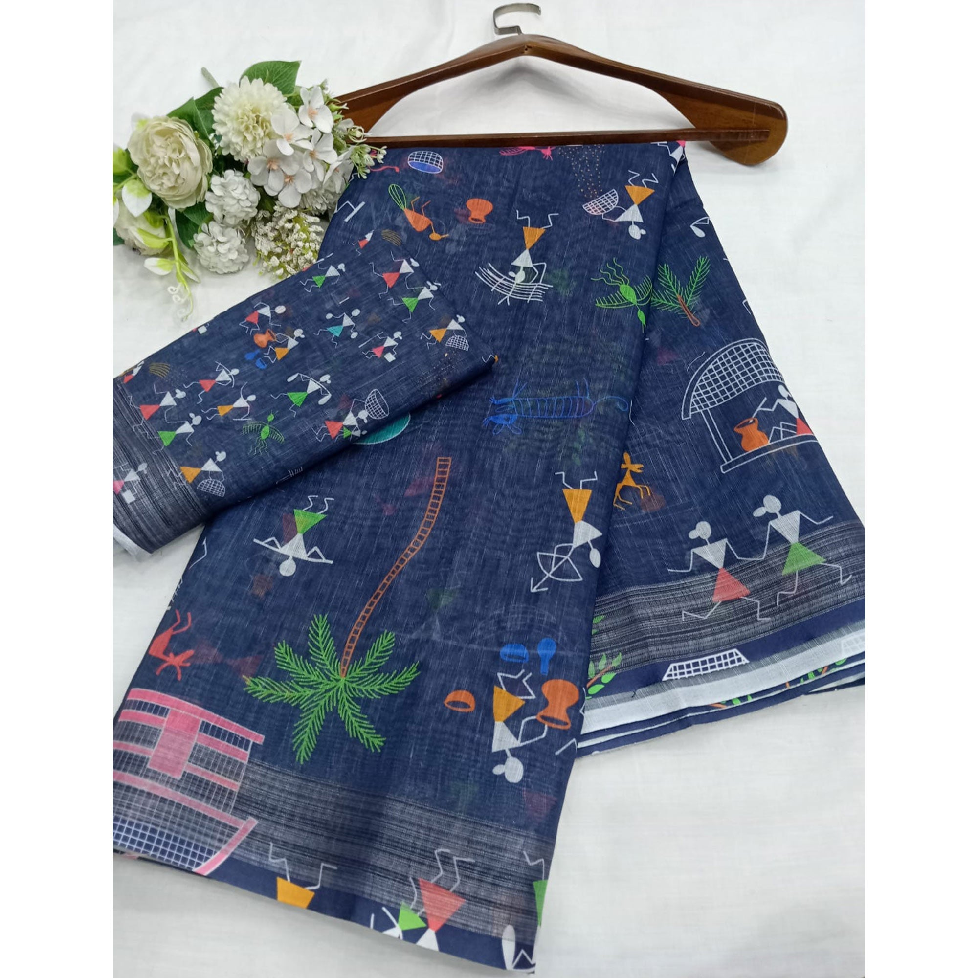 Blue Digital Printed Linen Saree