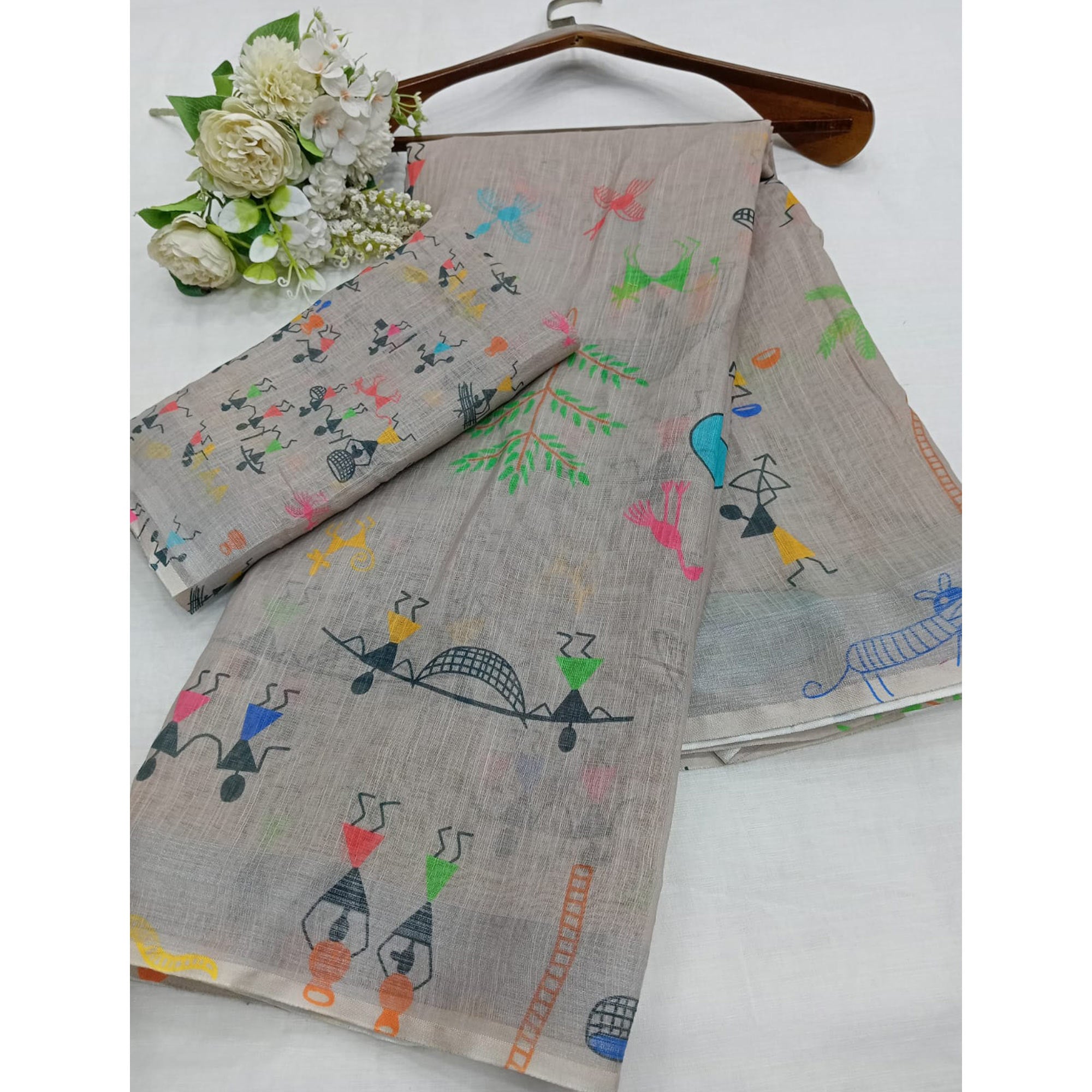 Grey Digital Printed Linen Saree