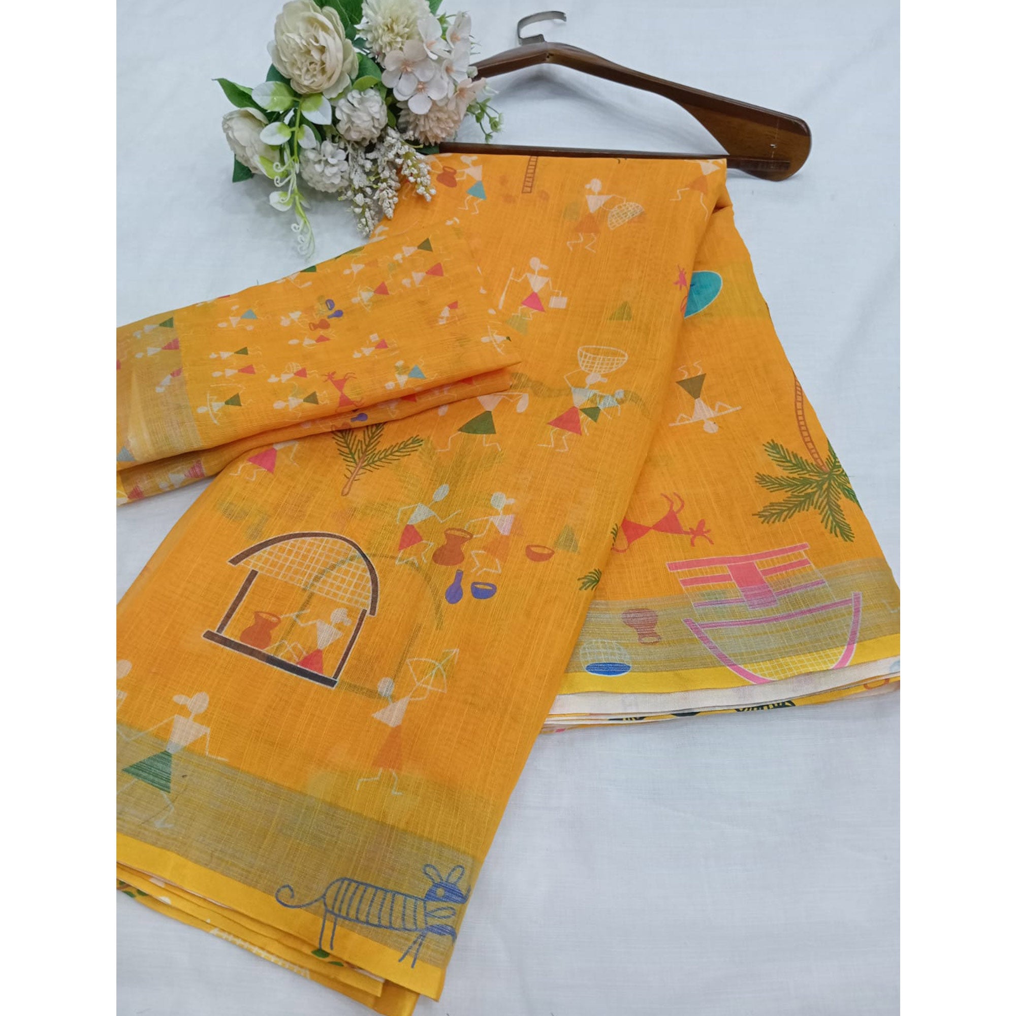 Yellow Digital Printed Linen Saree