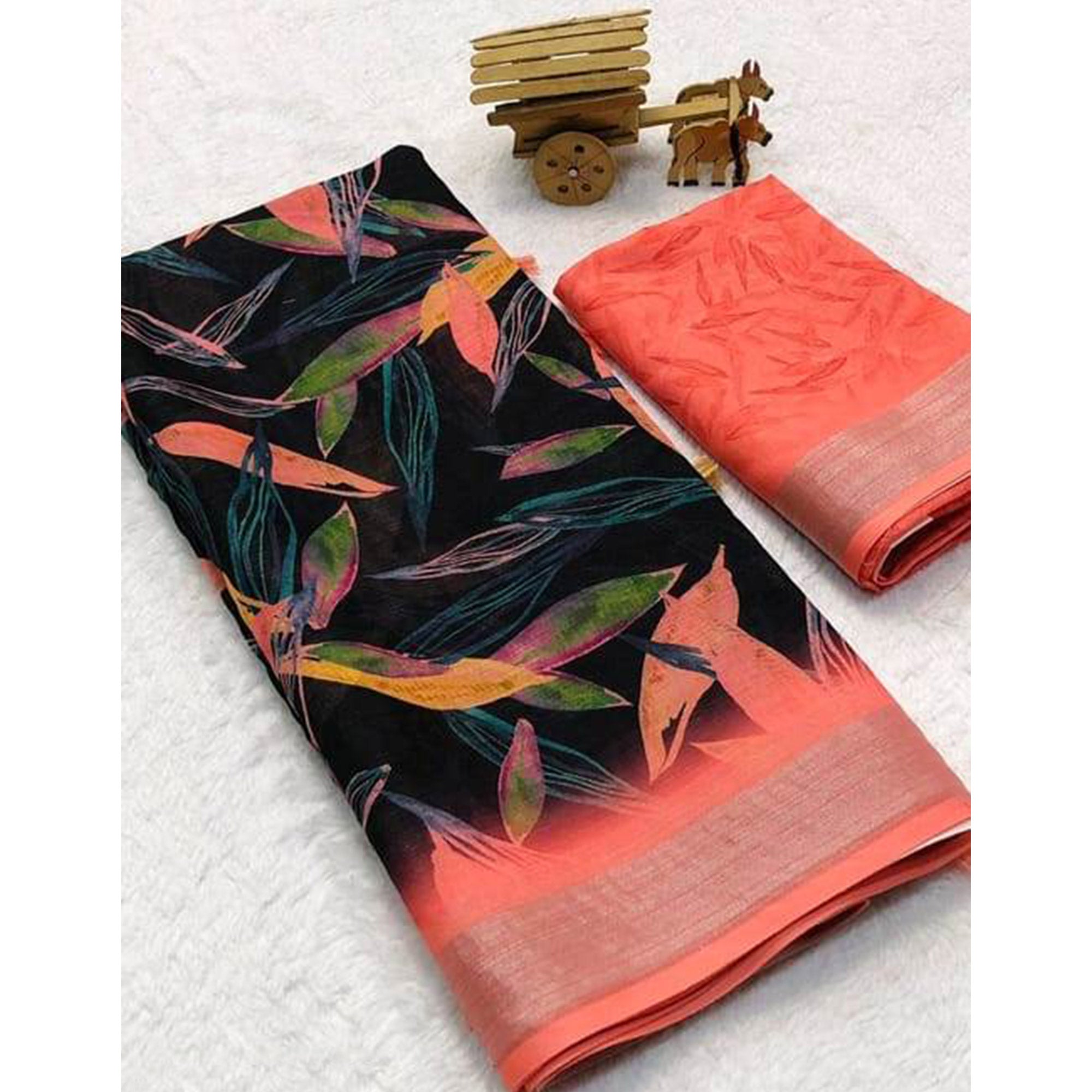 Black & Orange Digital Printed Linen Saree With Border
