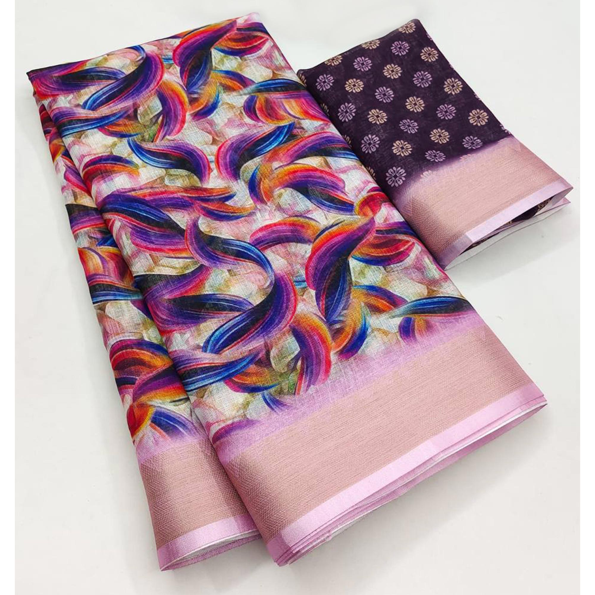 Pink Digital Printed Linen Saree With Border