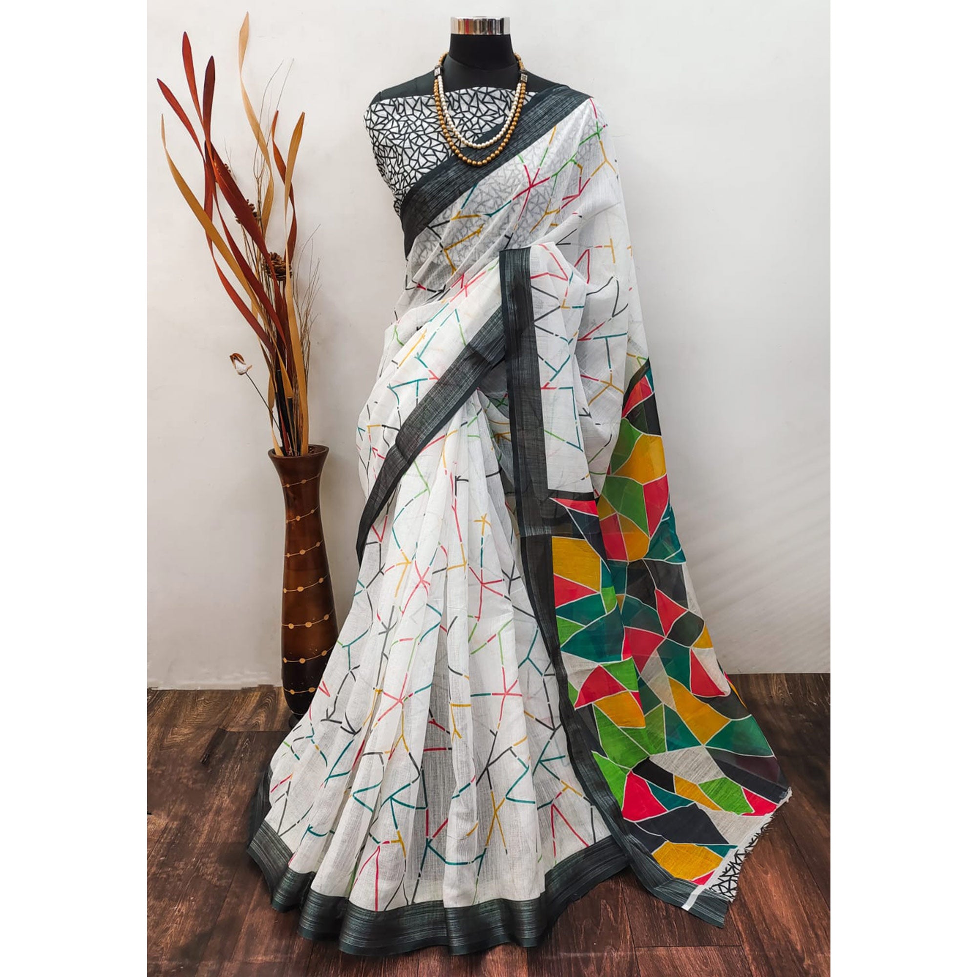 White Digital Printed Linen Saree With Border