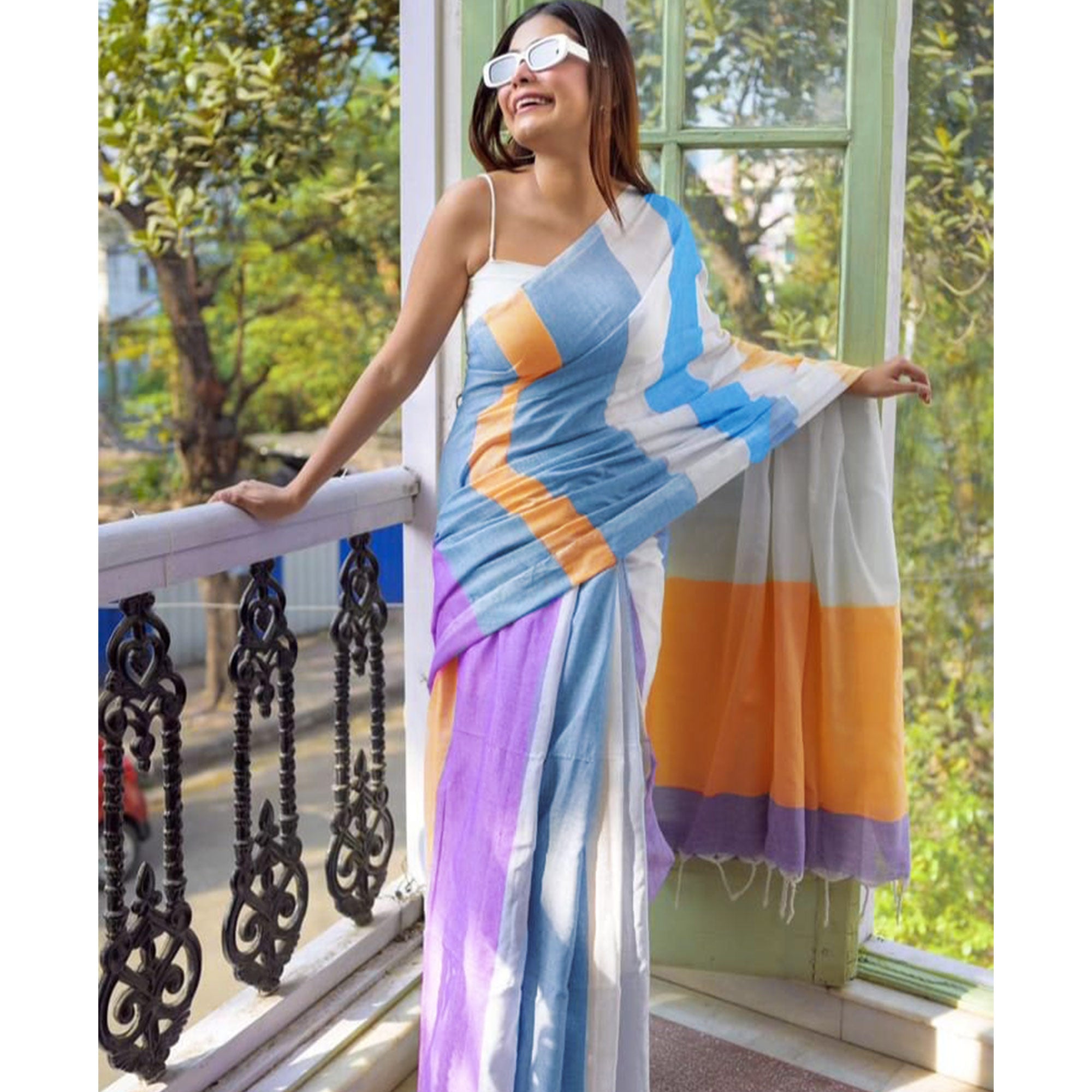 Multicolor Striped Printed Linen Saree