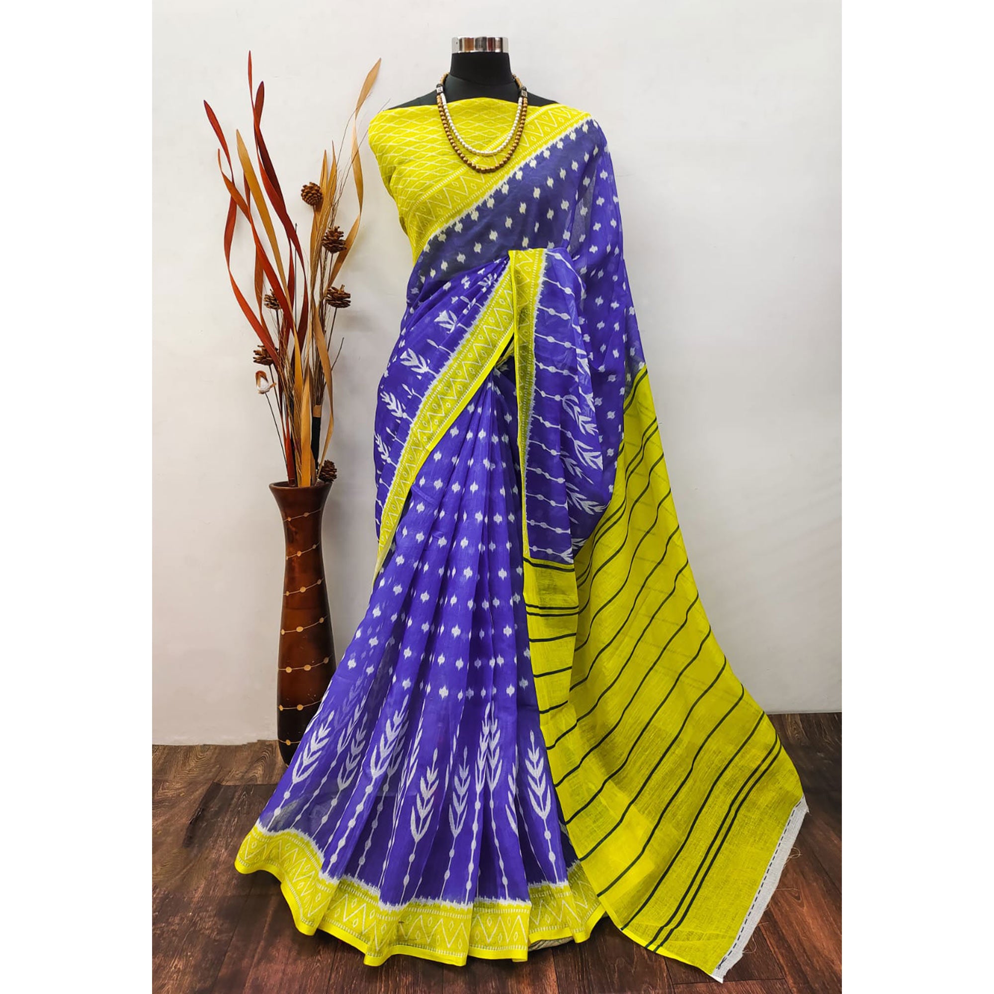 Blue Ikkat Printed Linen Saree