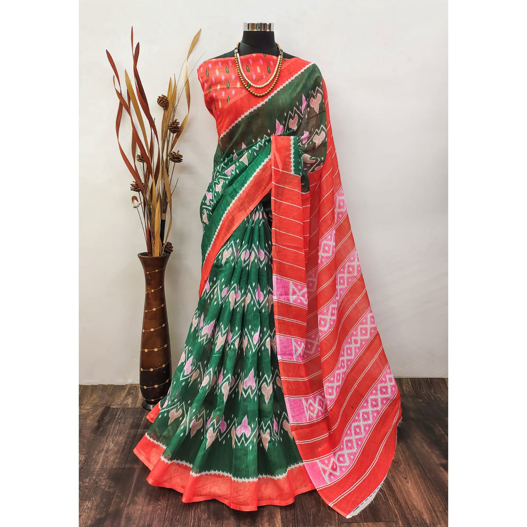 Green Ikkat Printed Linen Saree