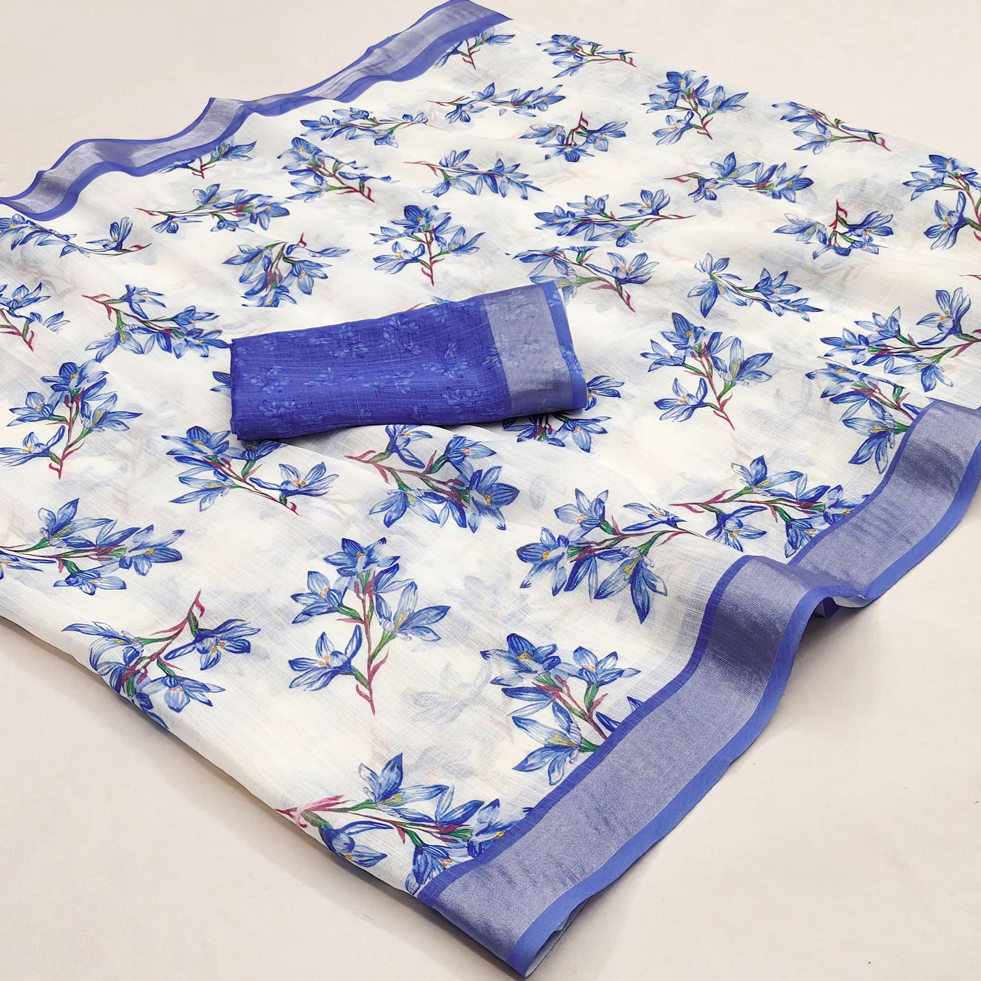 White & Blue Floral Digital Printed Linen Saree