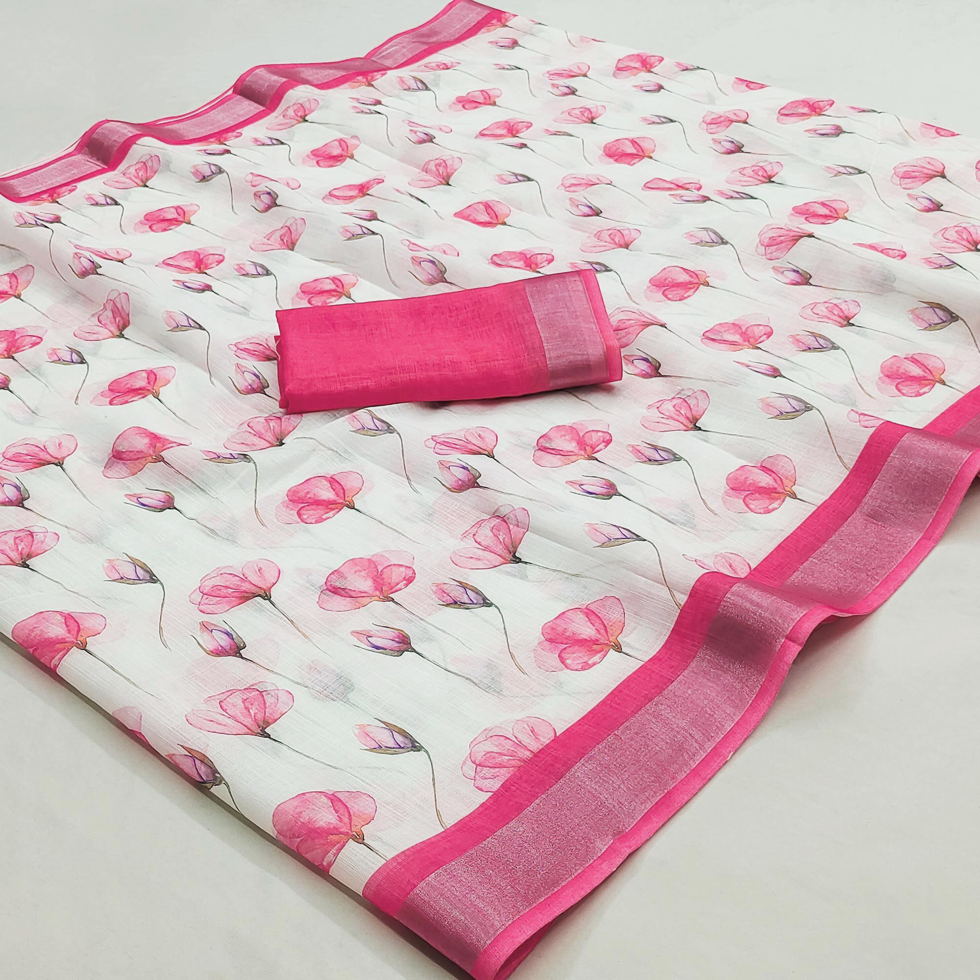 White & Pink Floral Digital Printed Linen Saree