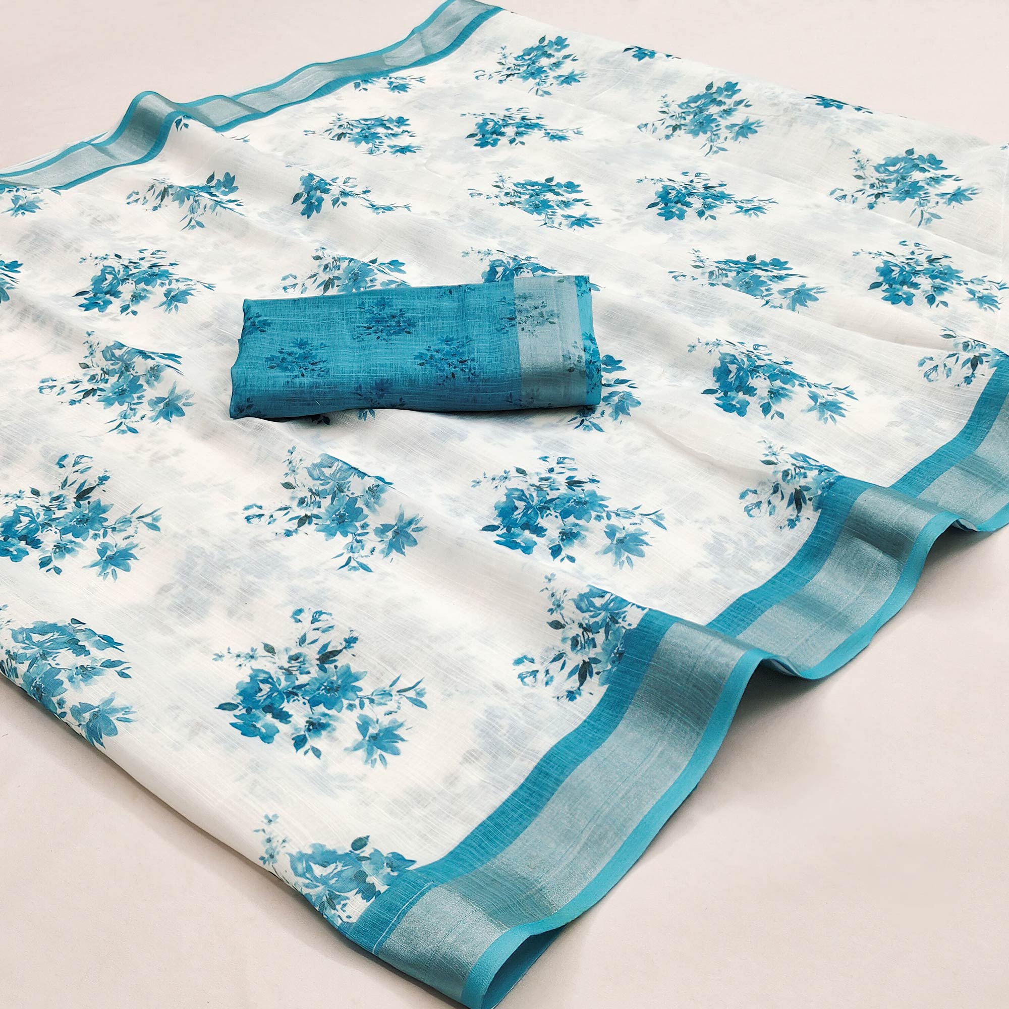 White & Sky Blue Floral Digital Printed Linen Saree