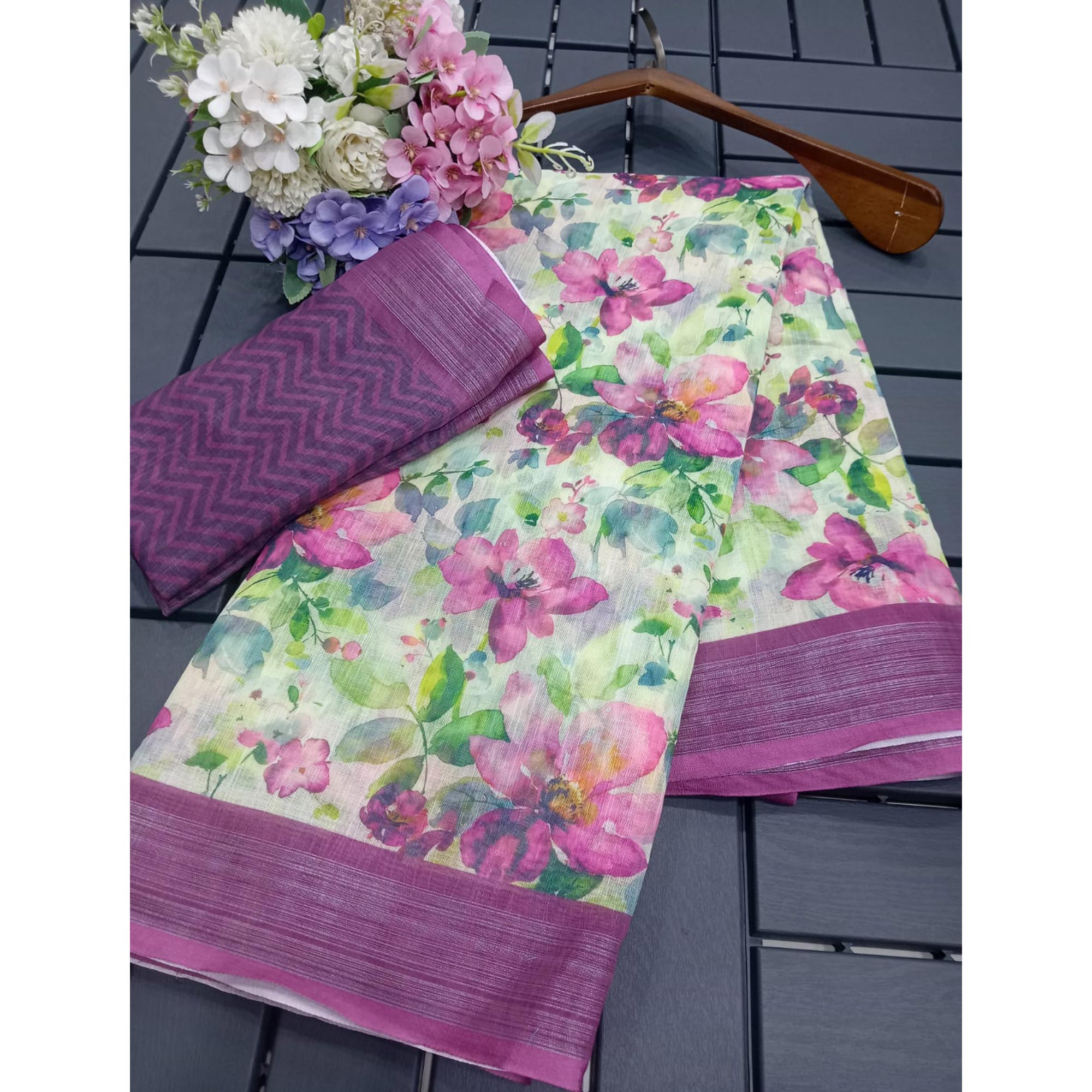 Purple Floral Digital Printed Linen Saree