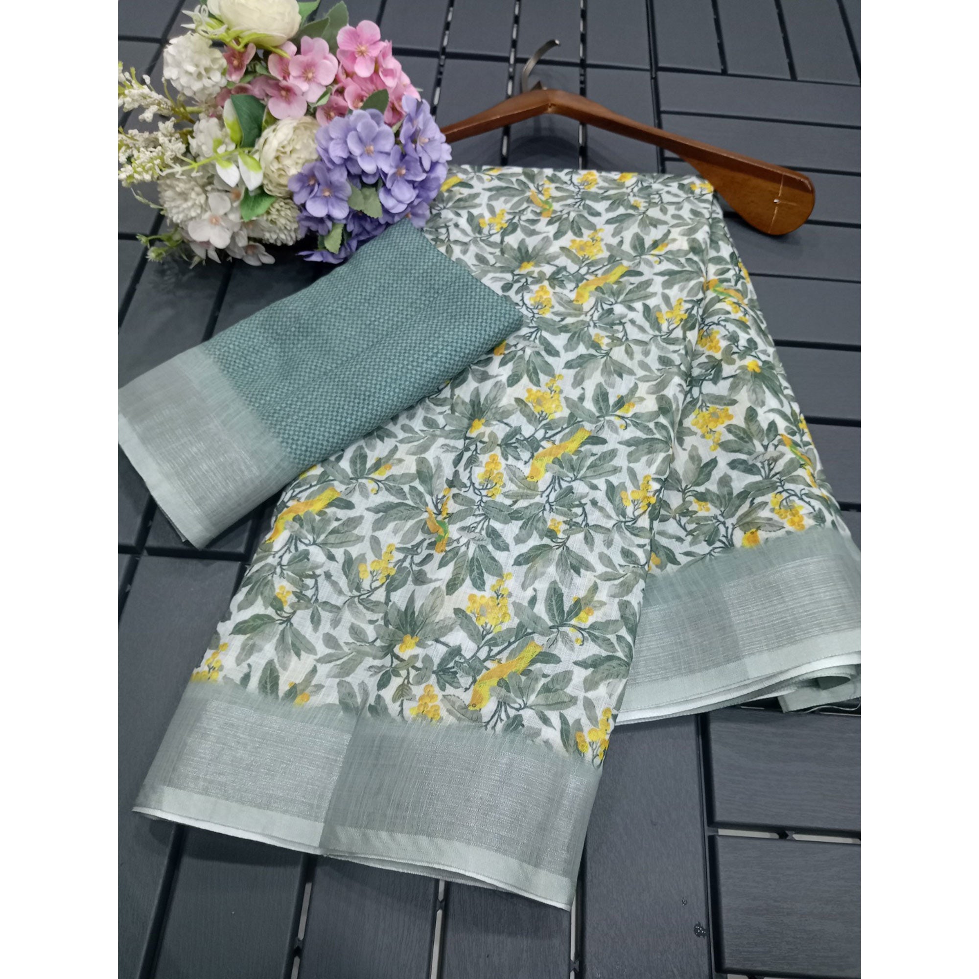 Grey Floral Digital Printed Linen Saree