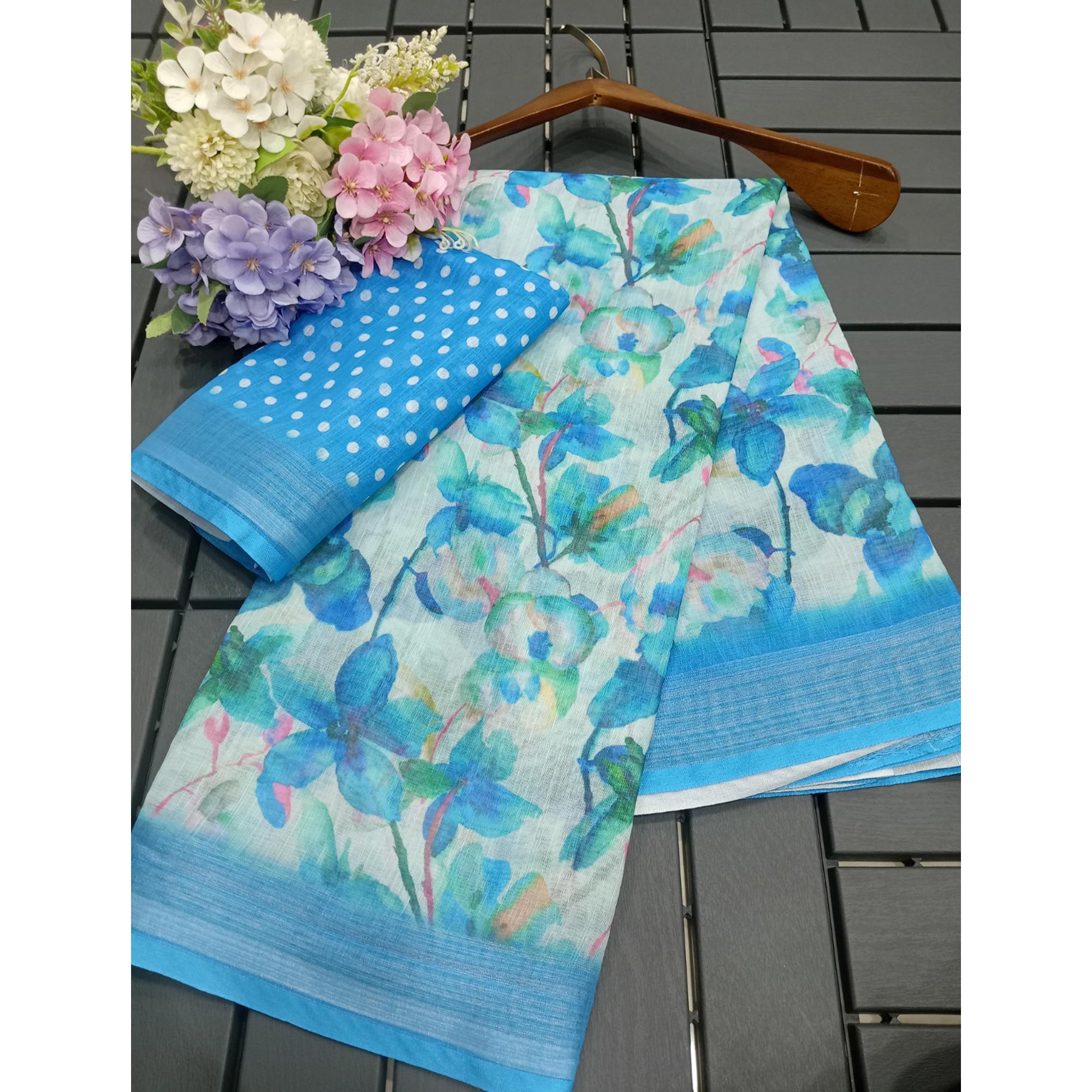 Blue Floral Digital Printed Linen Saree