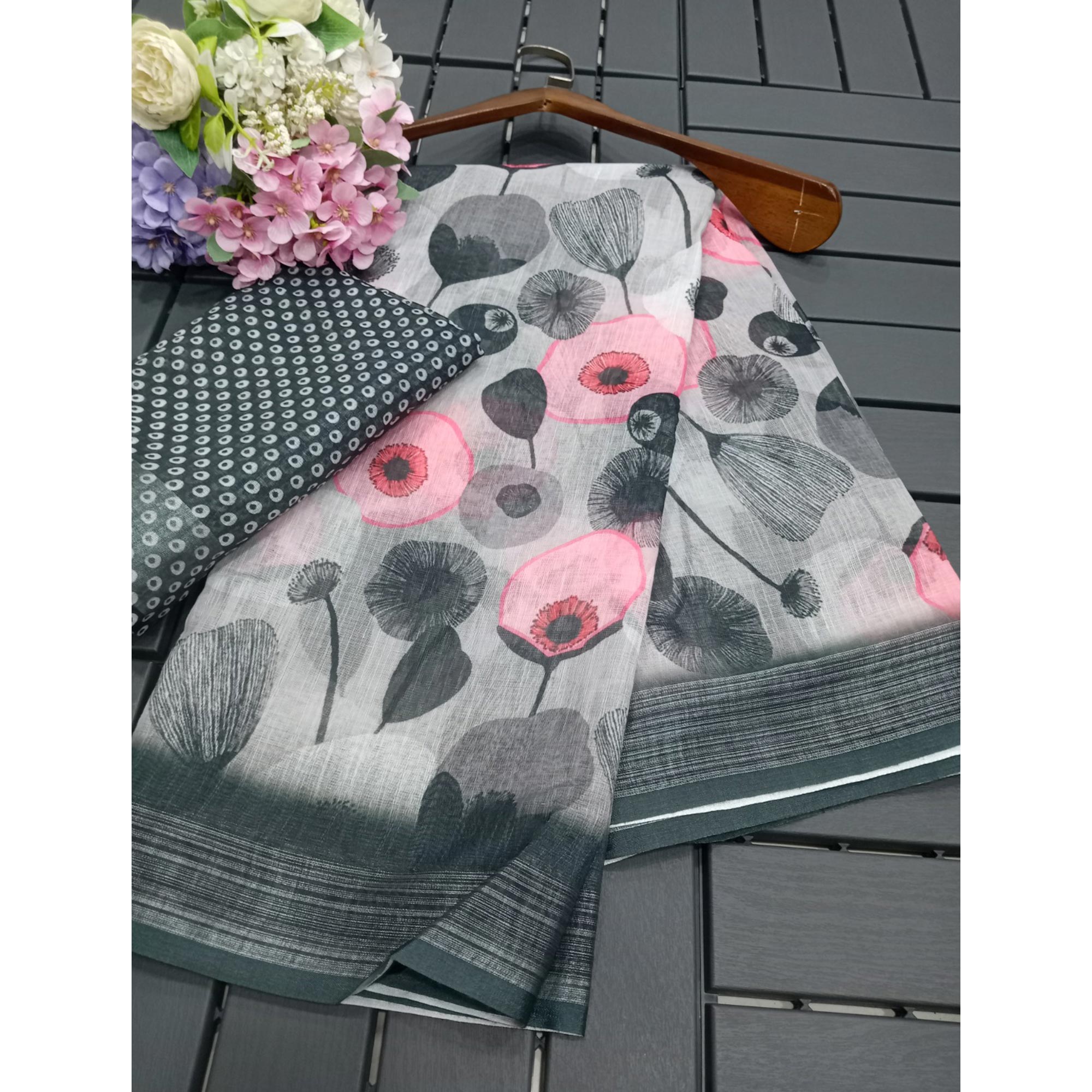 Dark Grey Floral Digital Printed Linen Saree