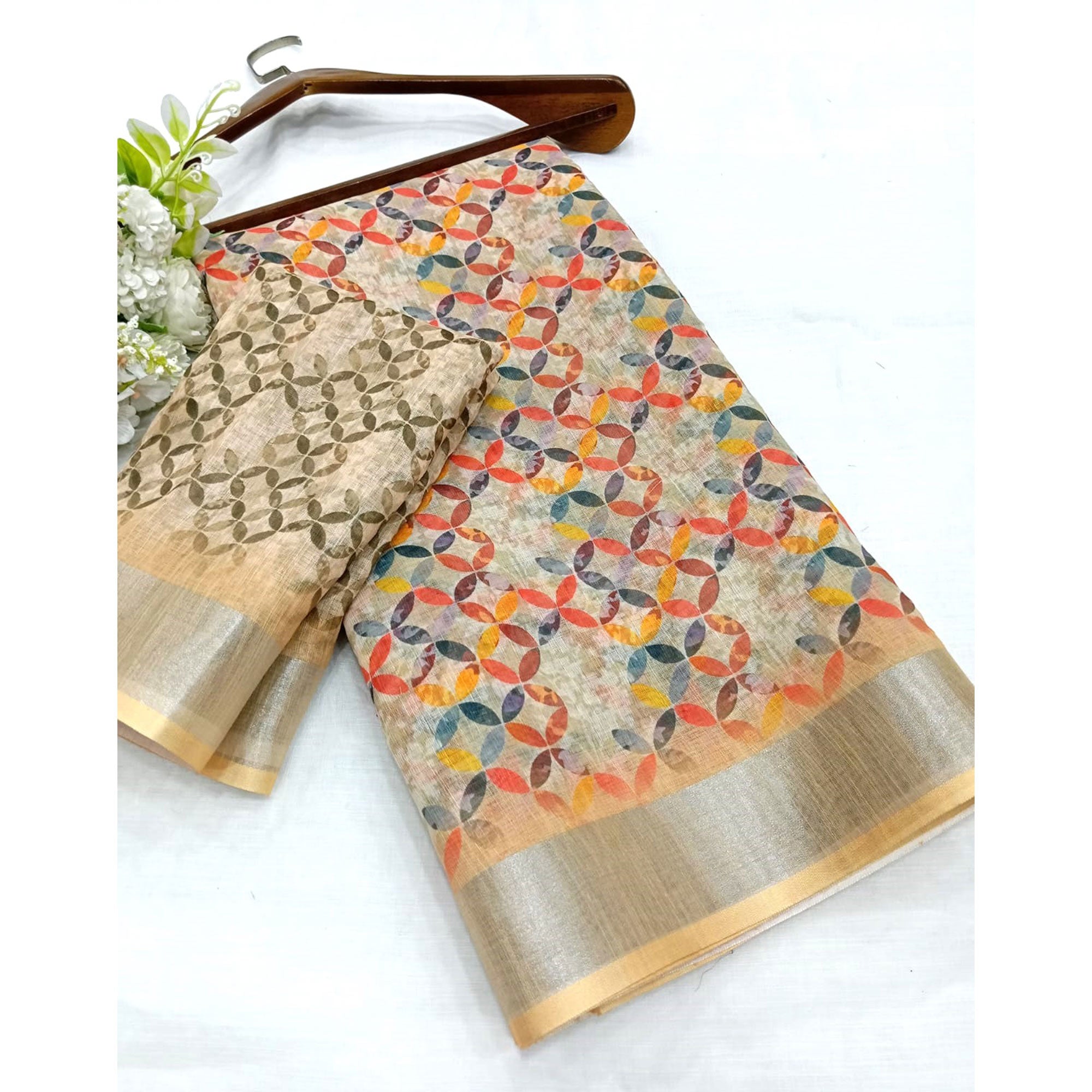 Beige Digital Printed Linen Saree