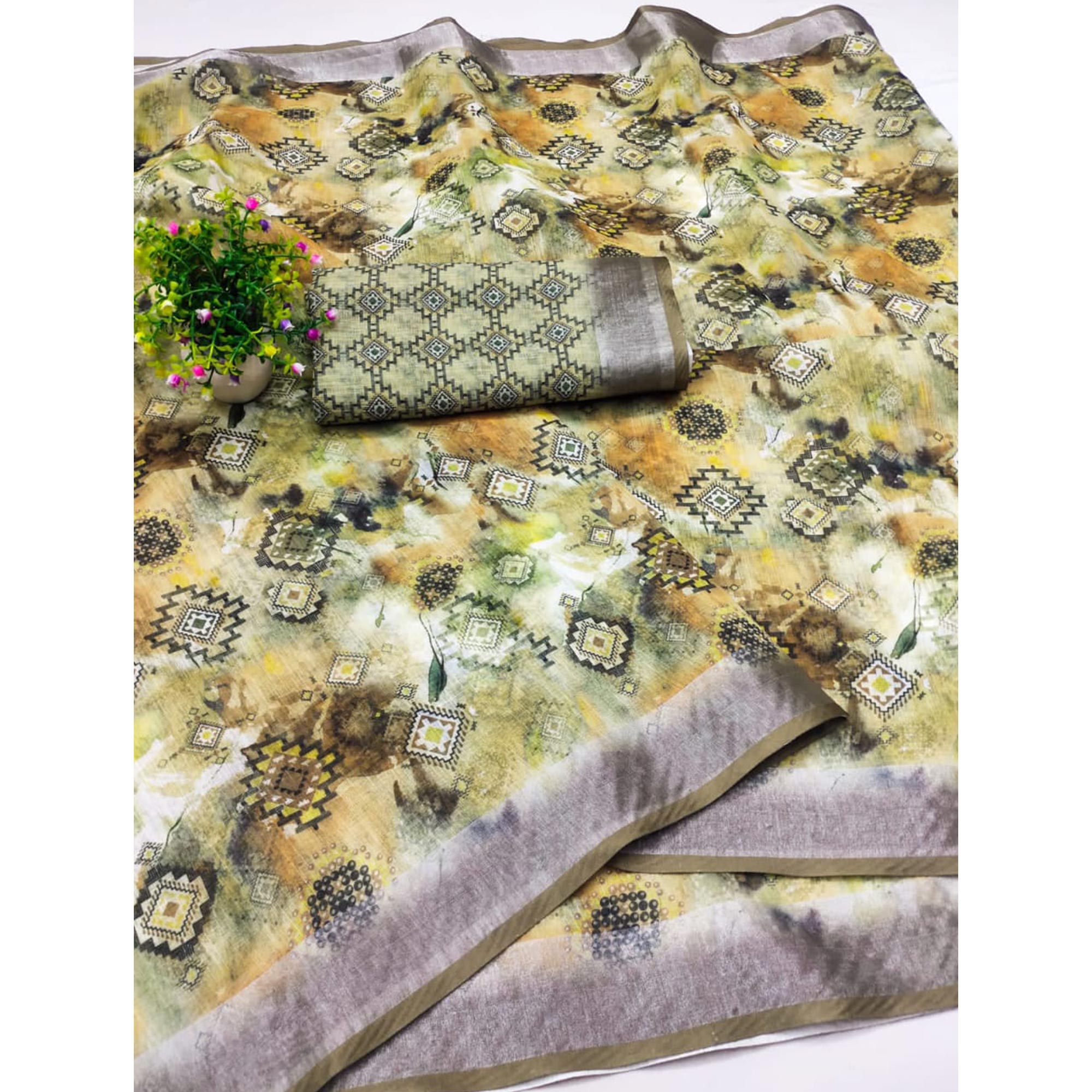 Cream & Green Digital Printed Linen Saree