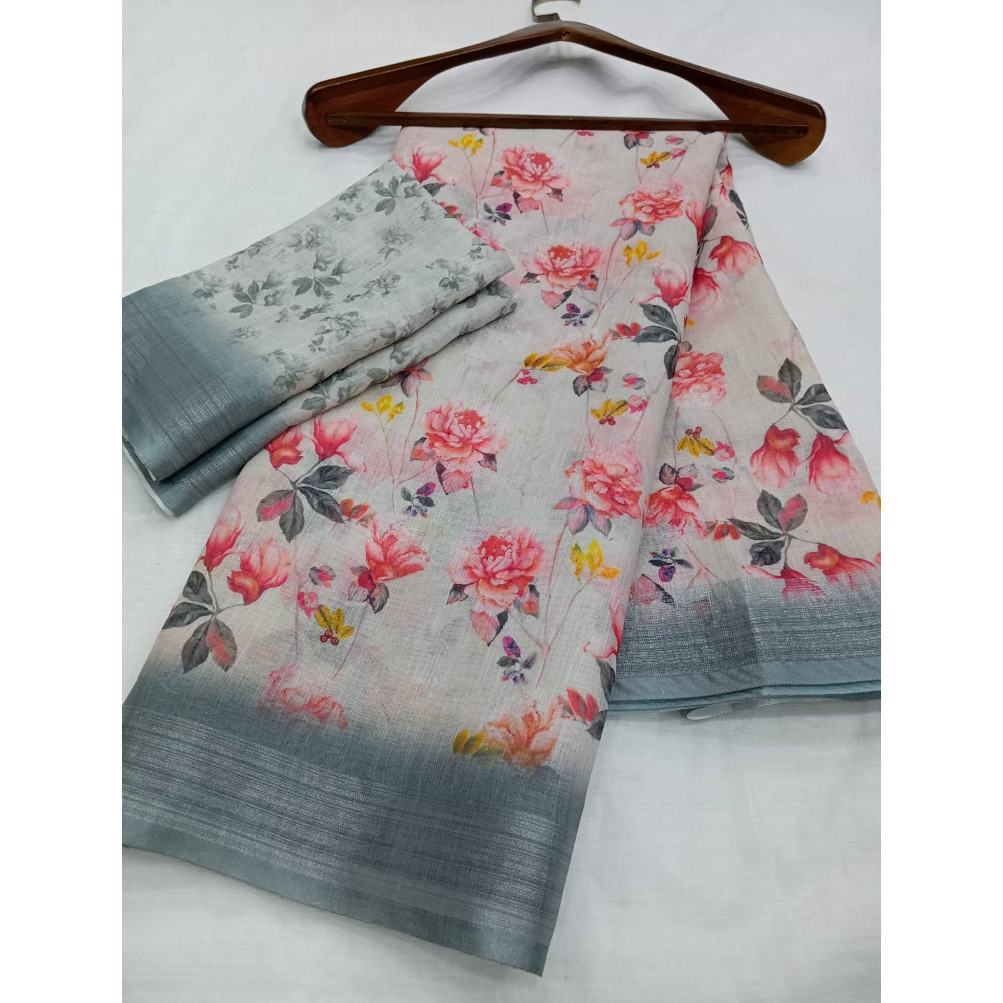 Grey Digital Printed Linen Saree