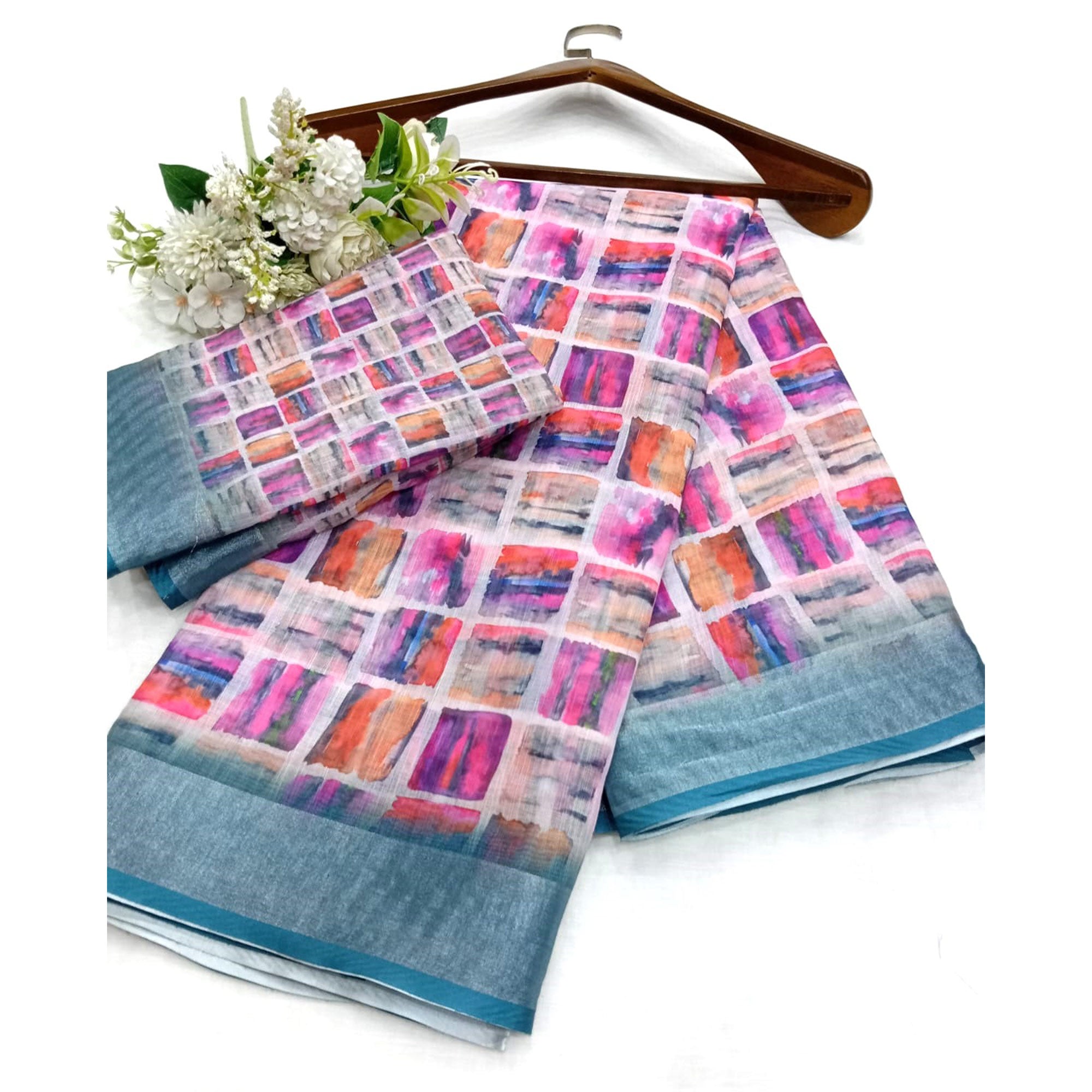 Multicolor Digital Printed Linen Saree