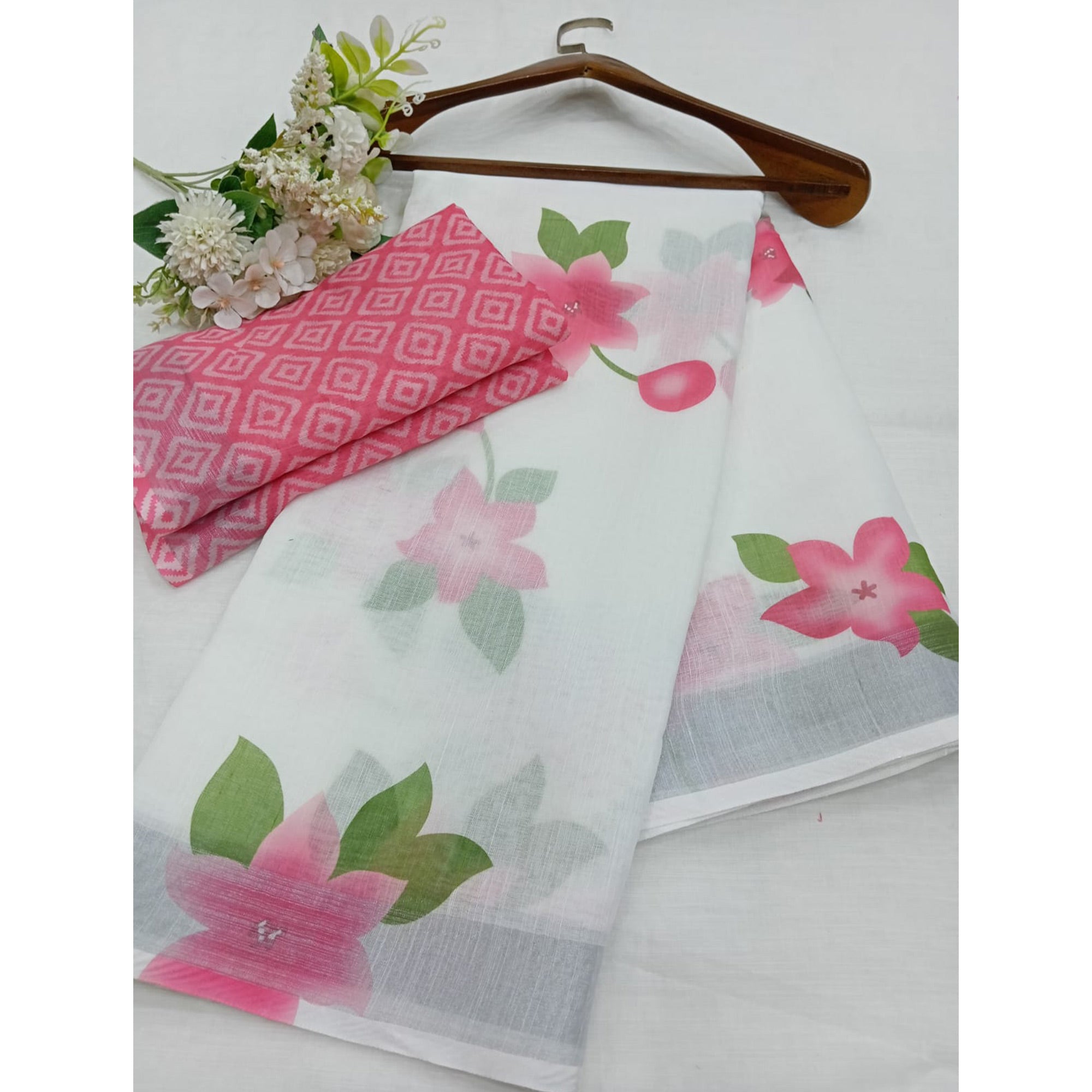 White & Pink Digital Printed Linen Saree