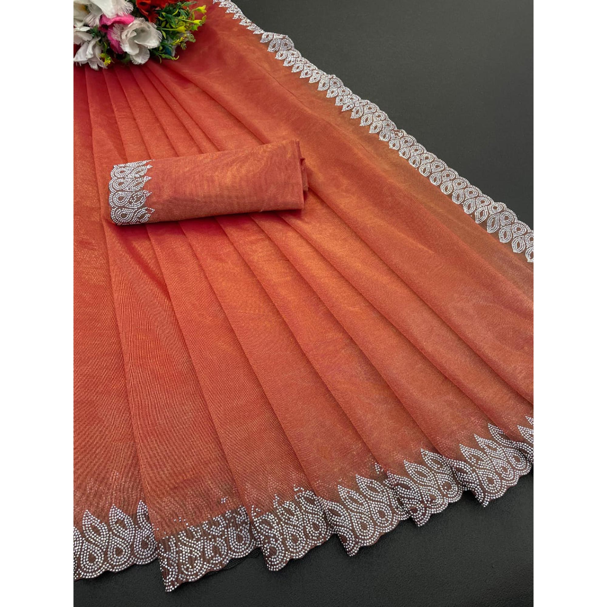 Orange Stone Work Embroidered Twill Gold Net Saree