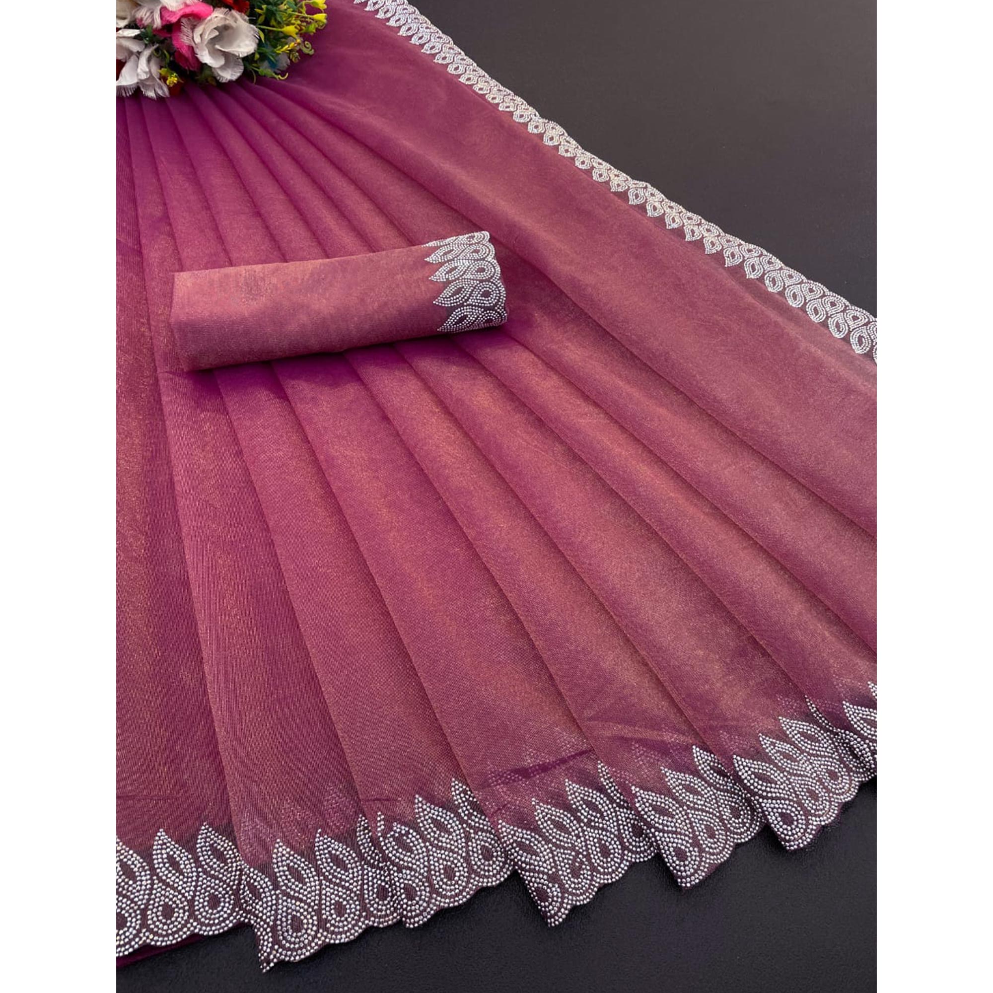 Pink Stone Work Embroidered Twill Gold Net Saree