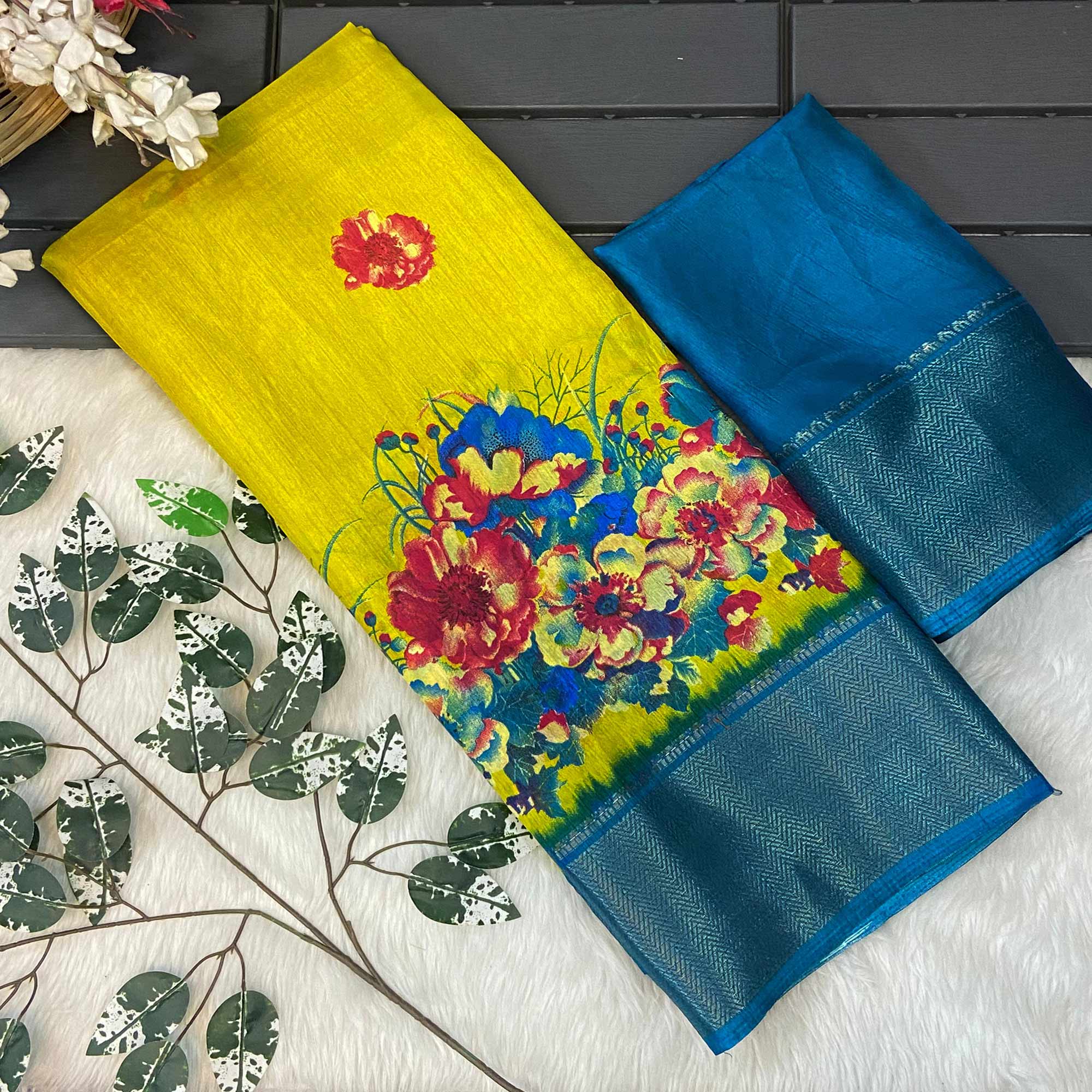 Lemon Yellow Floral Printed Dola Silk Saree With Zari Border