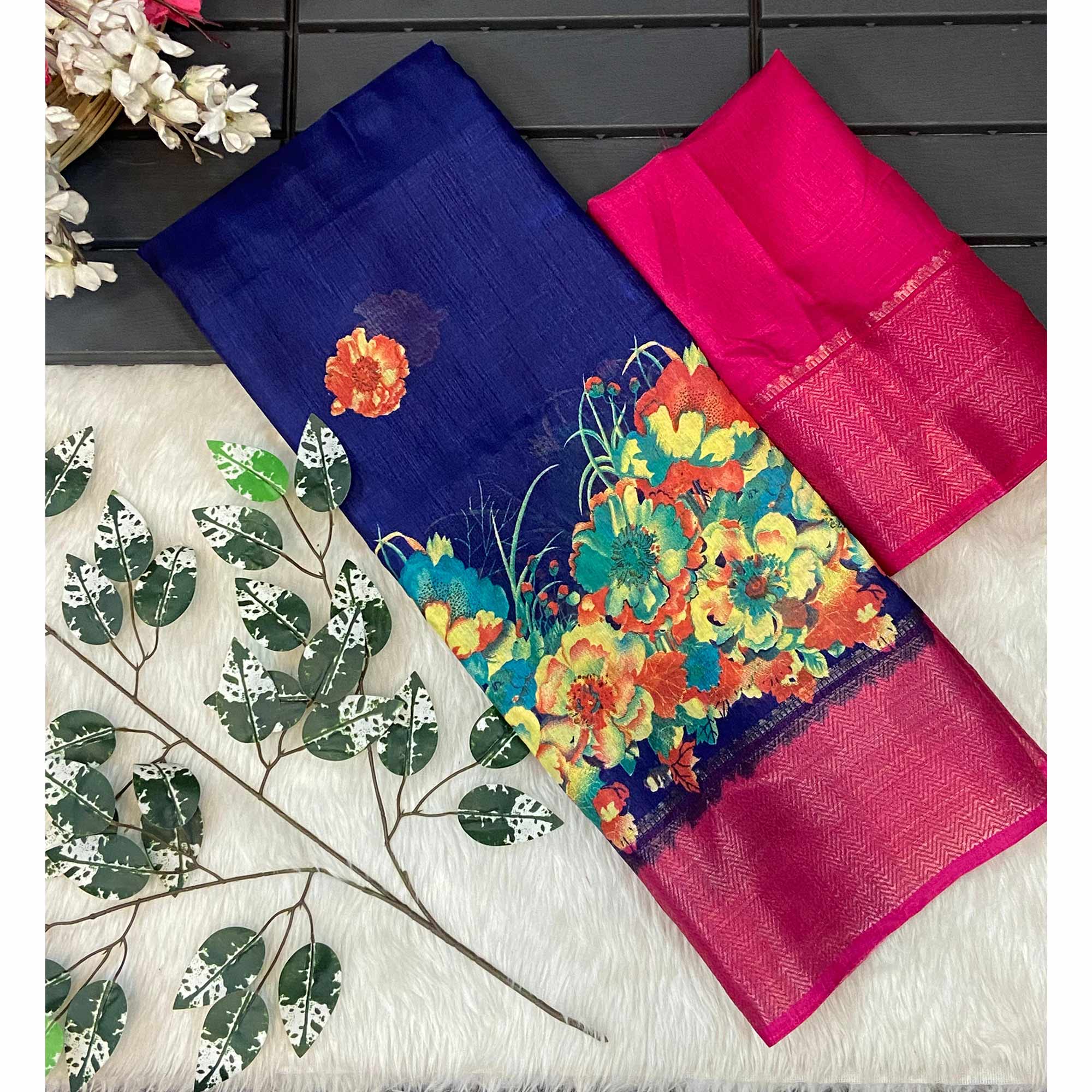 Navy Blue Floral Printed Dola Silk Saree With Zari Border