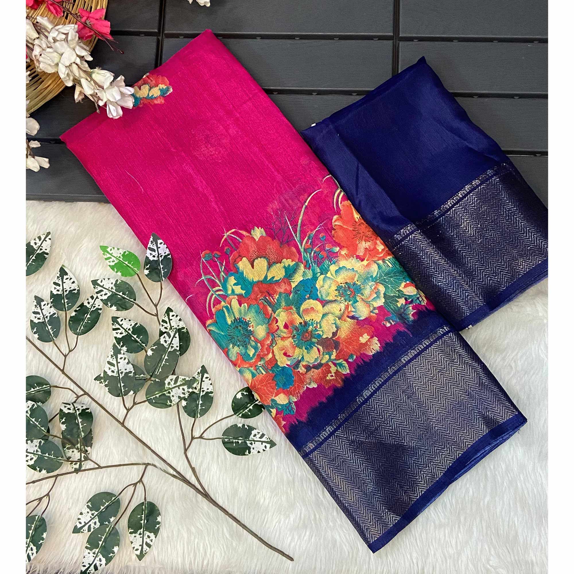 Pink Floral Printed Dola Silk Saree With Zari Border