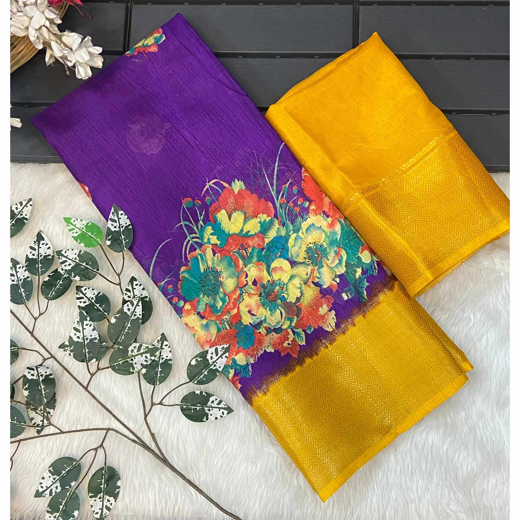 Purple Floral Printed Dola Silk Saree With Zari Border