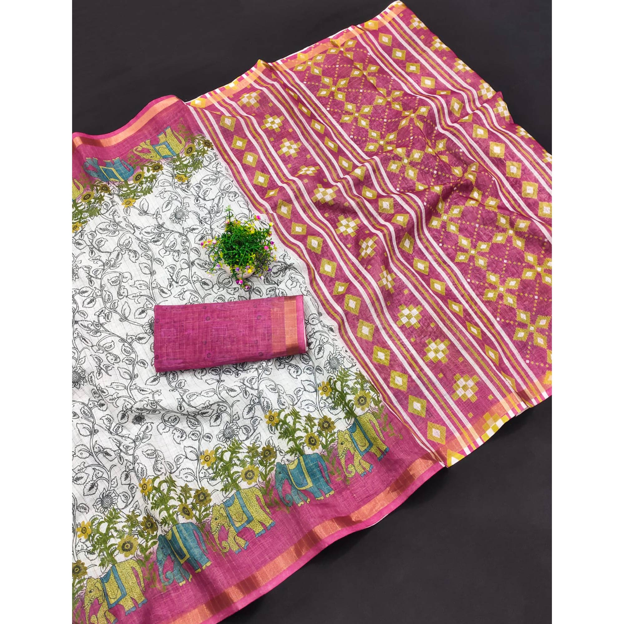 White Checks Zari Woven With Printed Linen Saree