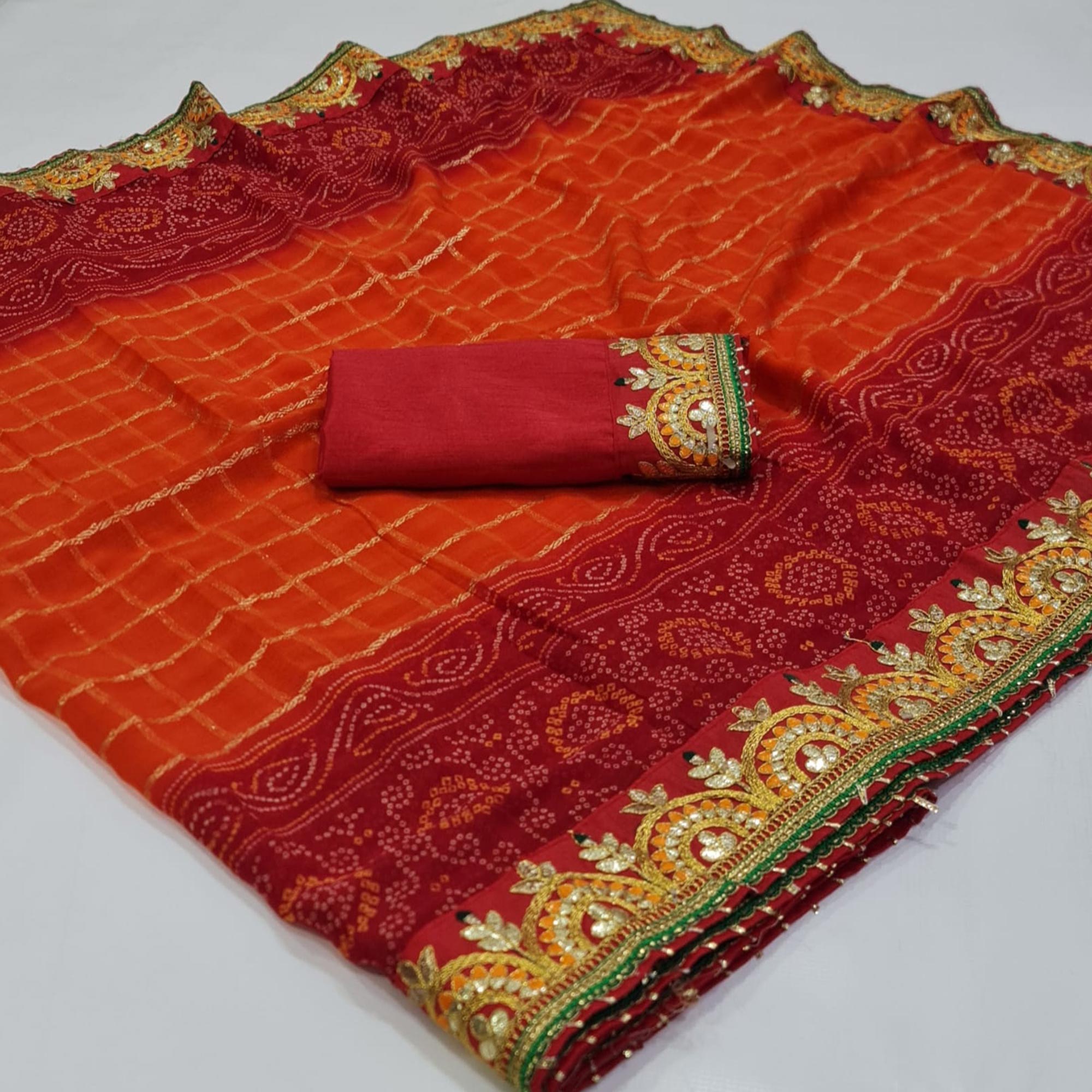Red & Orange Bandhani Foil Printed Chiffon Saree