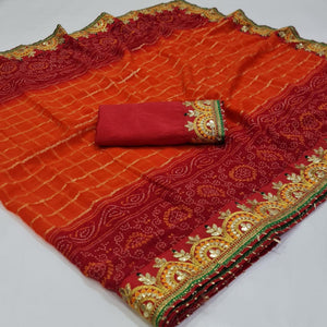 Red & Orange Bandhani Foil Printed Chiffon Saree