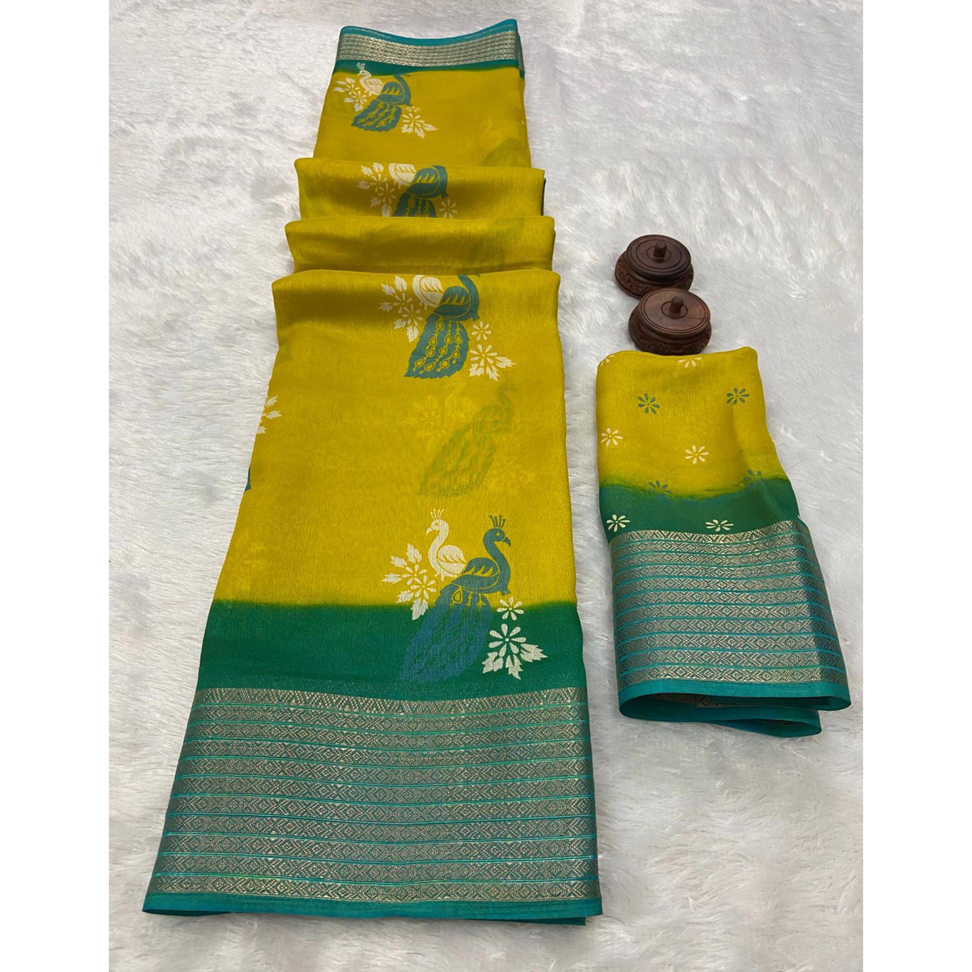 Olive Floral Printed Chiffon Saree