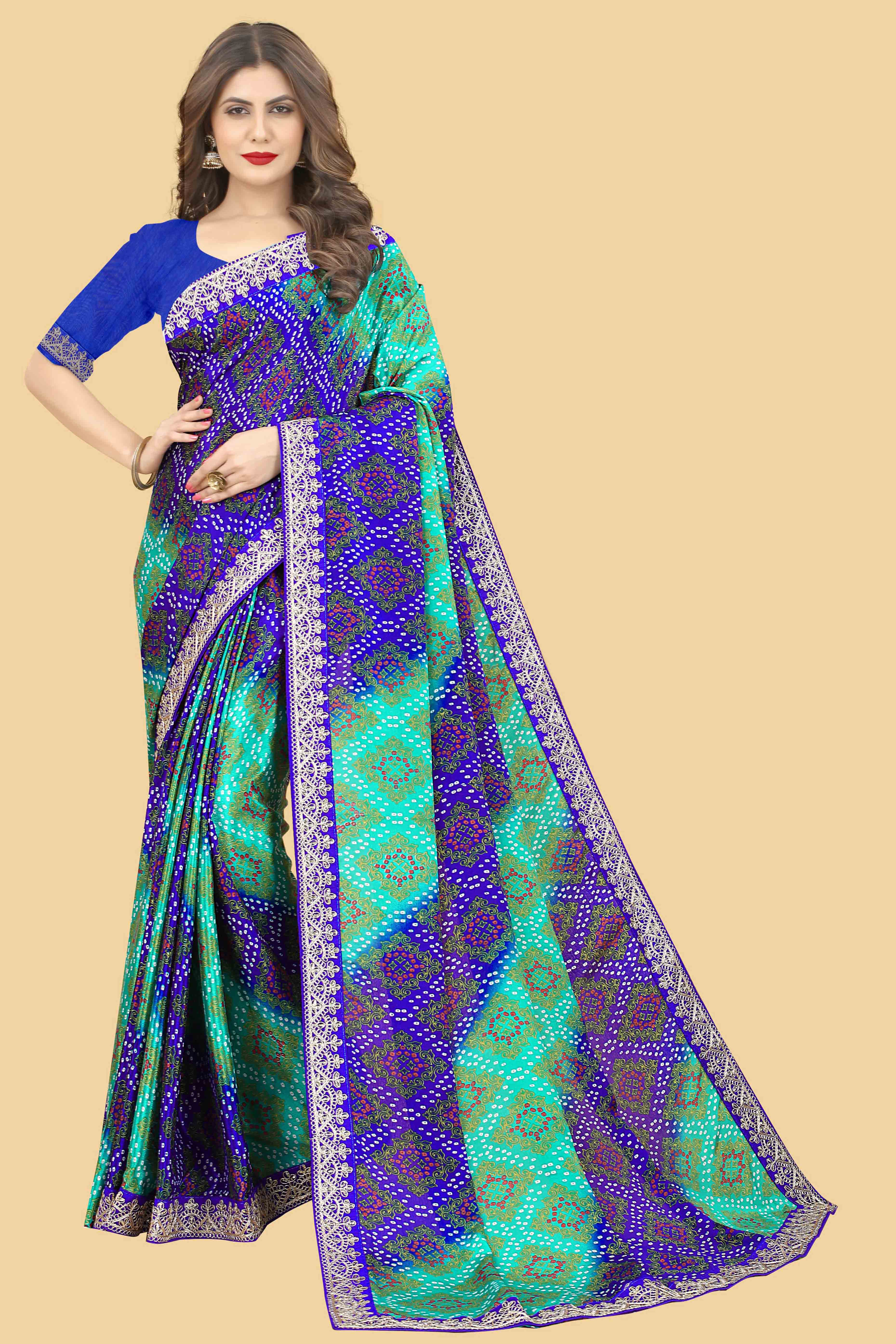 Blue & Turquoise Bandhani Printed Chinon Saree