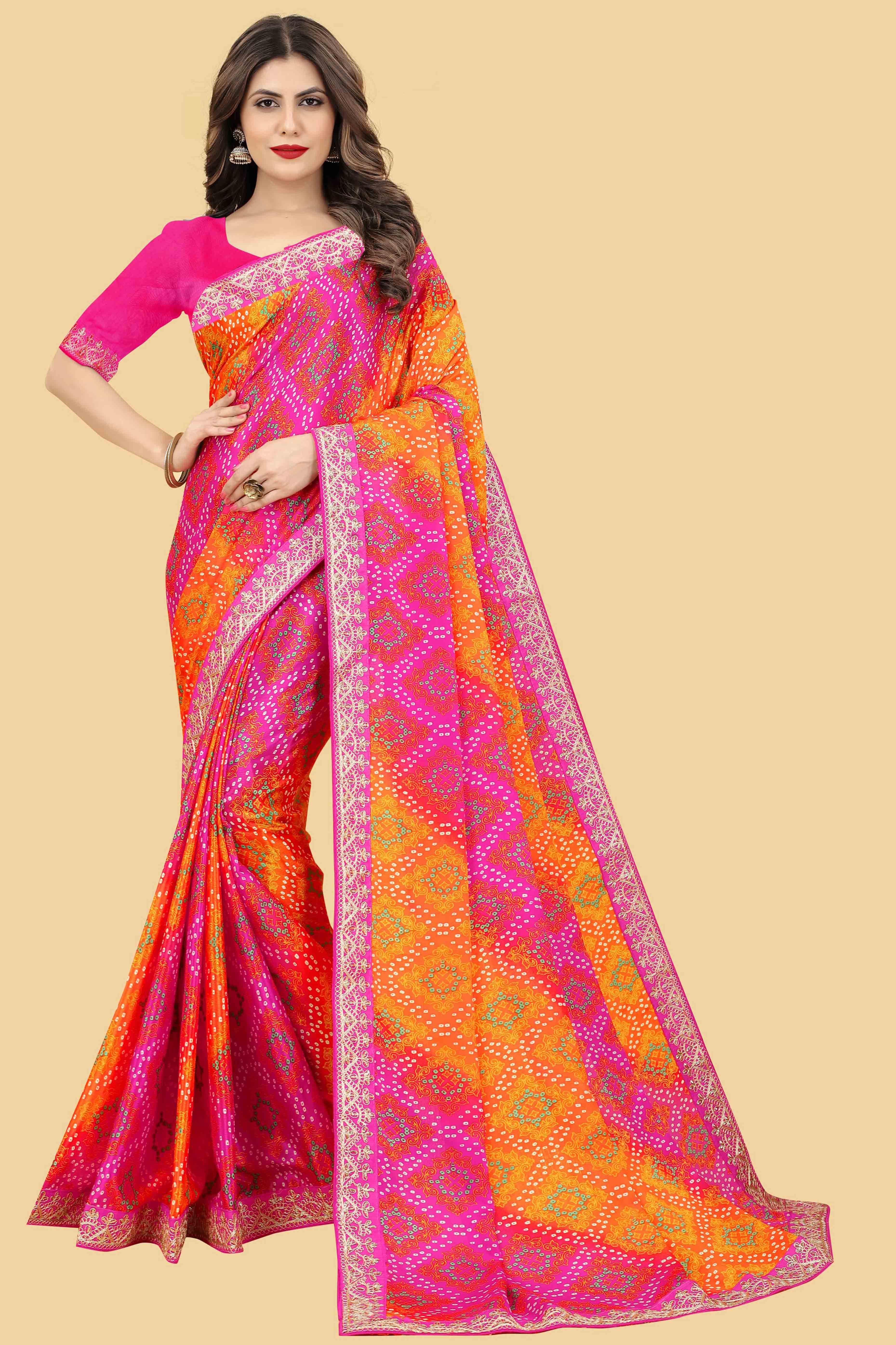 Pink & Orange Bandhani Printed Chinon Saree