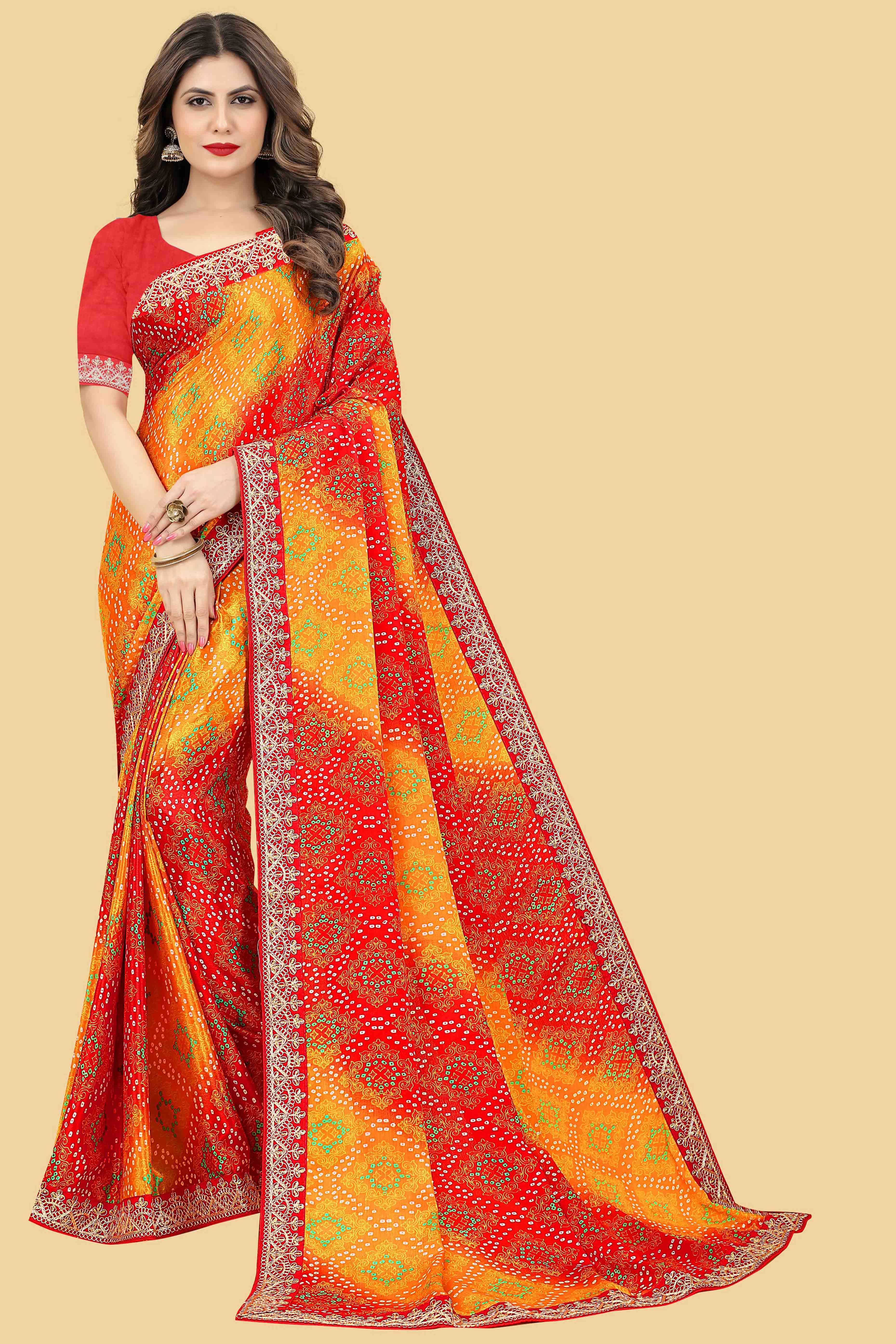Red & Orange Bandhani Printed Chinon Saree