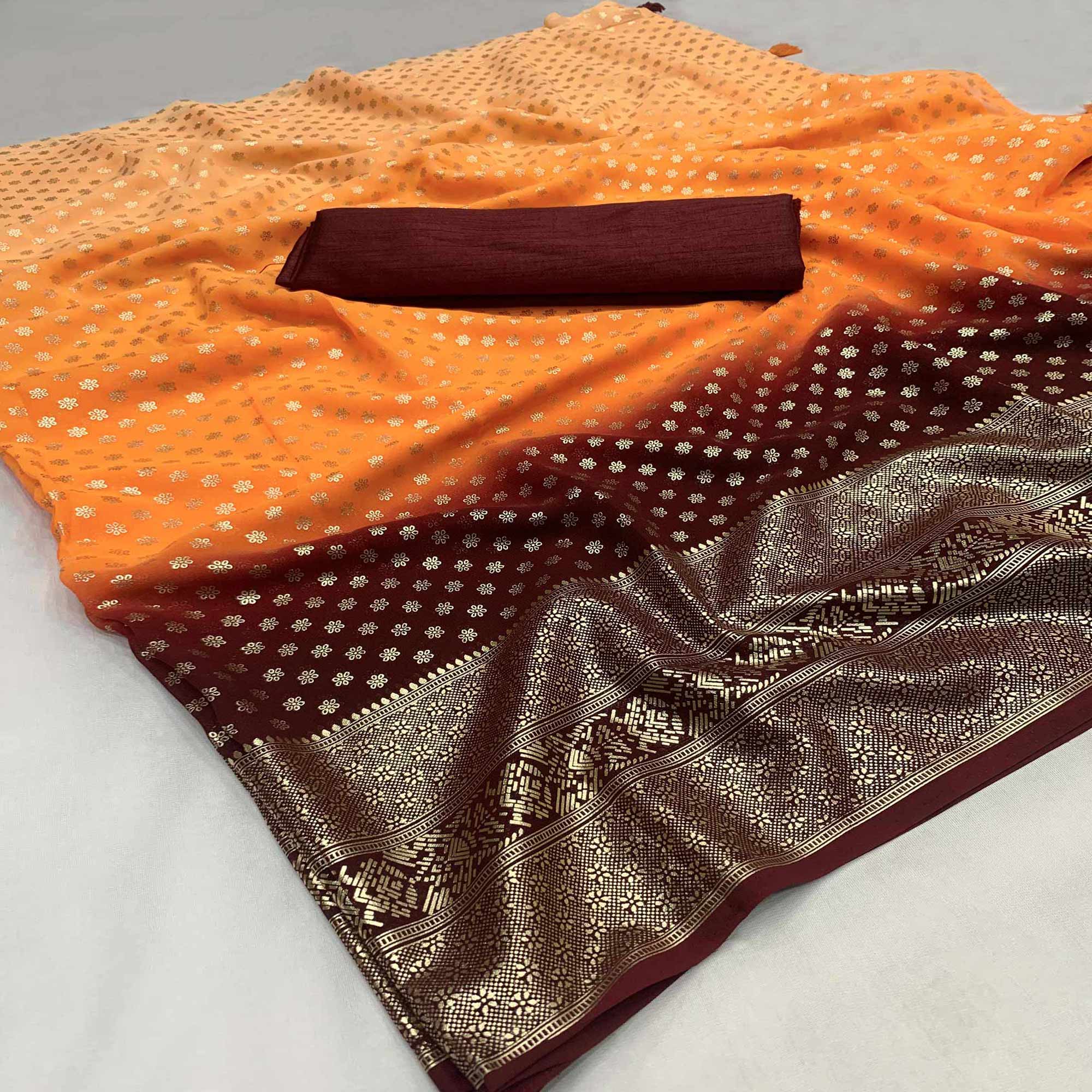 Orange Floral Foil Printed Georgette Saree