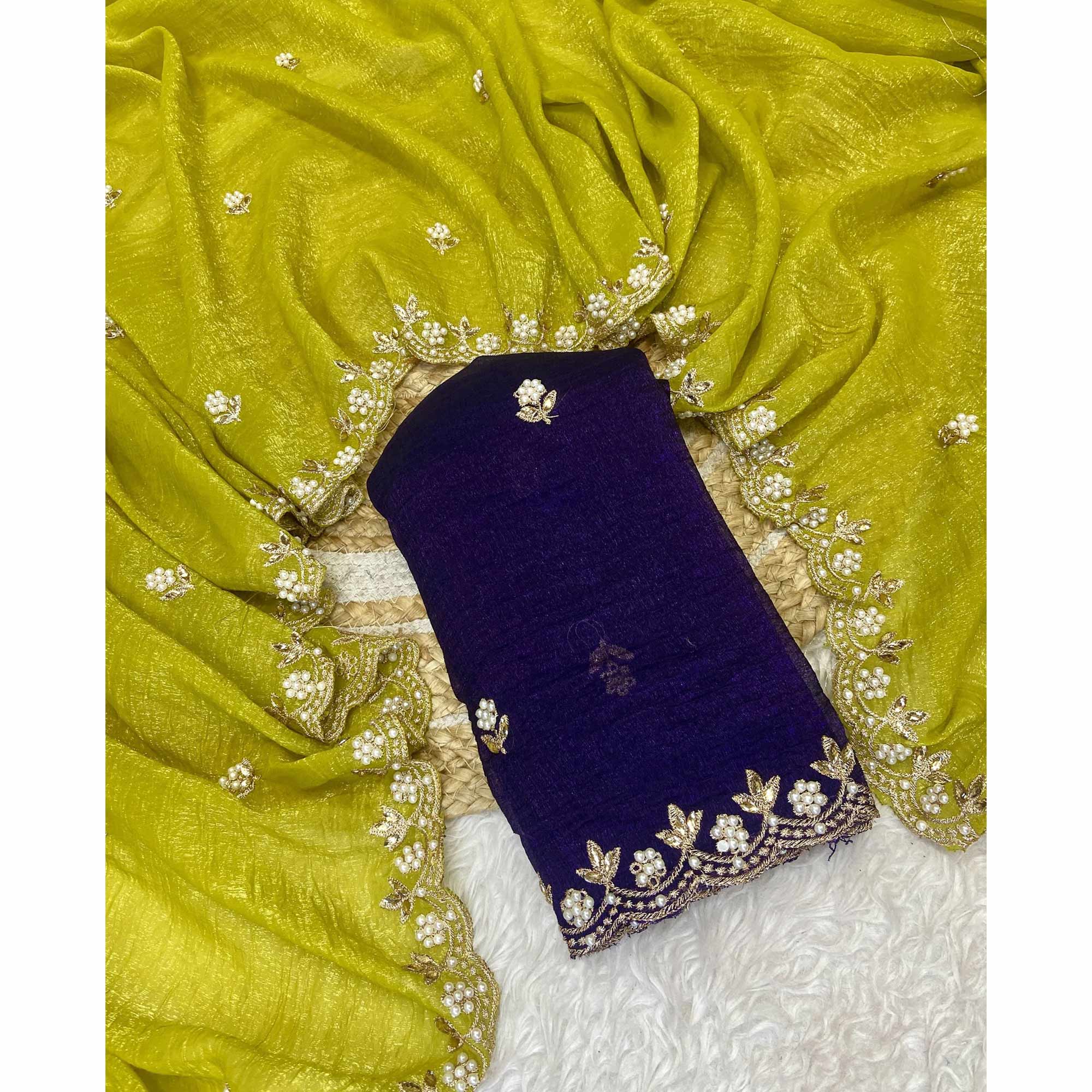 Lime Green Crunchy Chiffon Saree with Elegant Embroidery and Pearl Embellishments