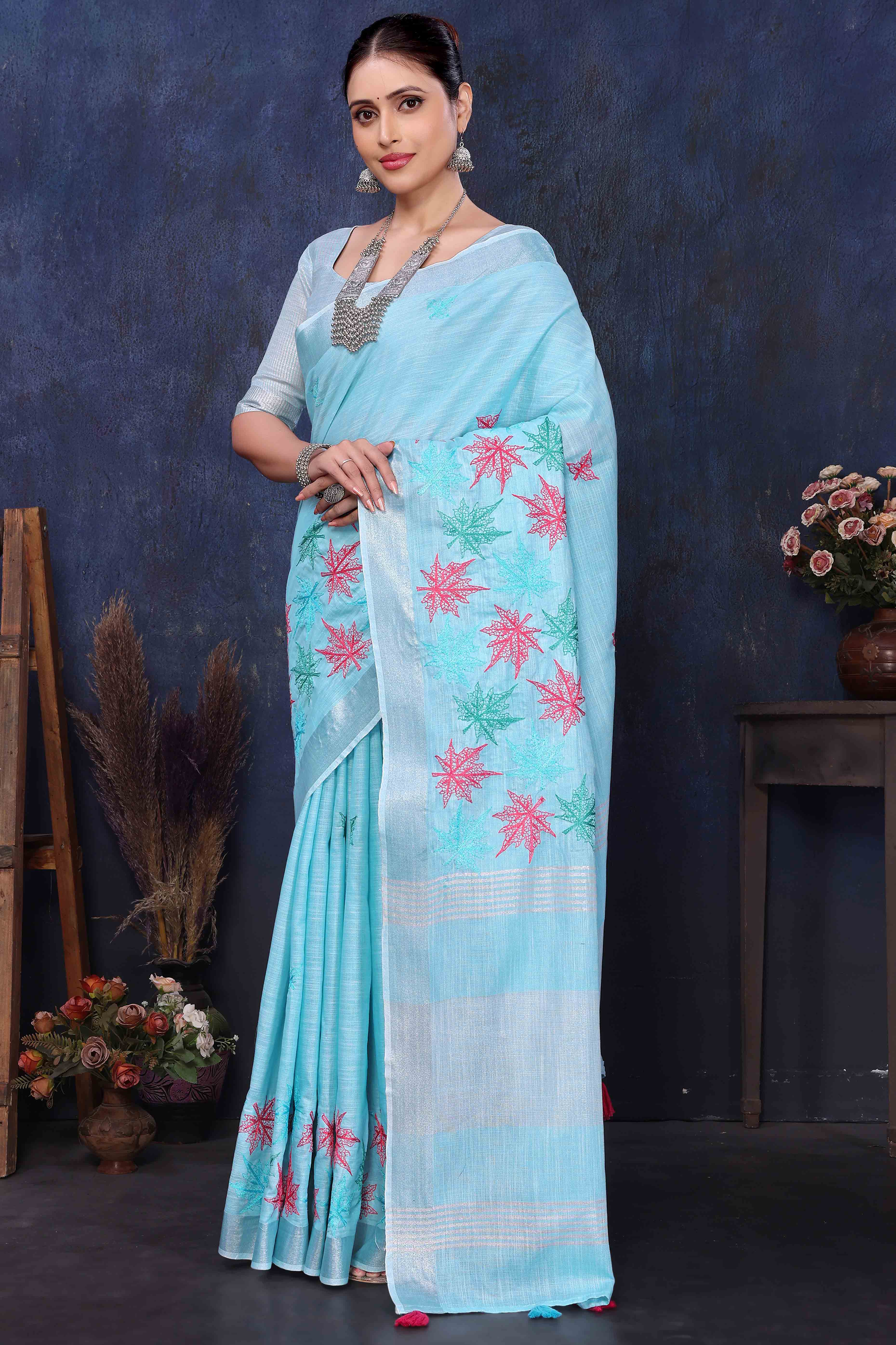 Sky Blue Floral Embroidered Cotton Silk Saree