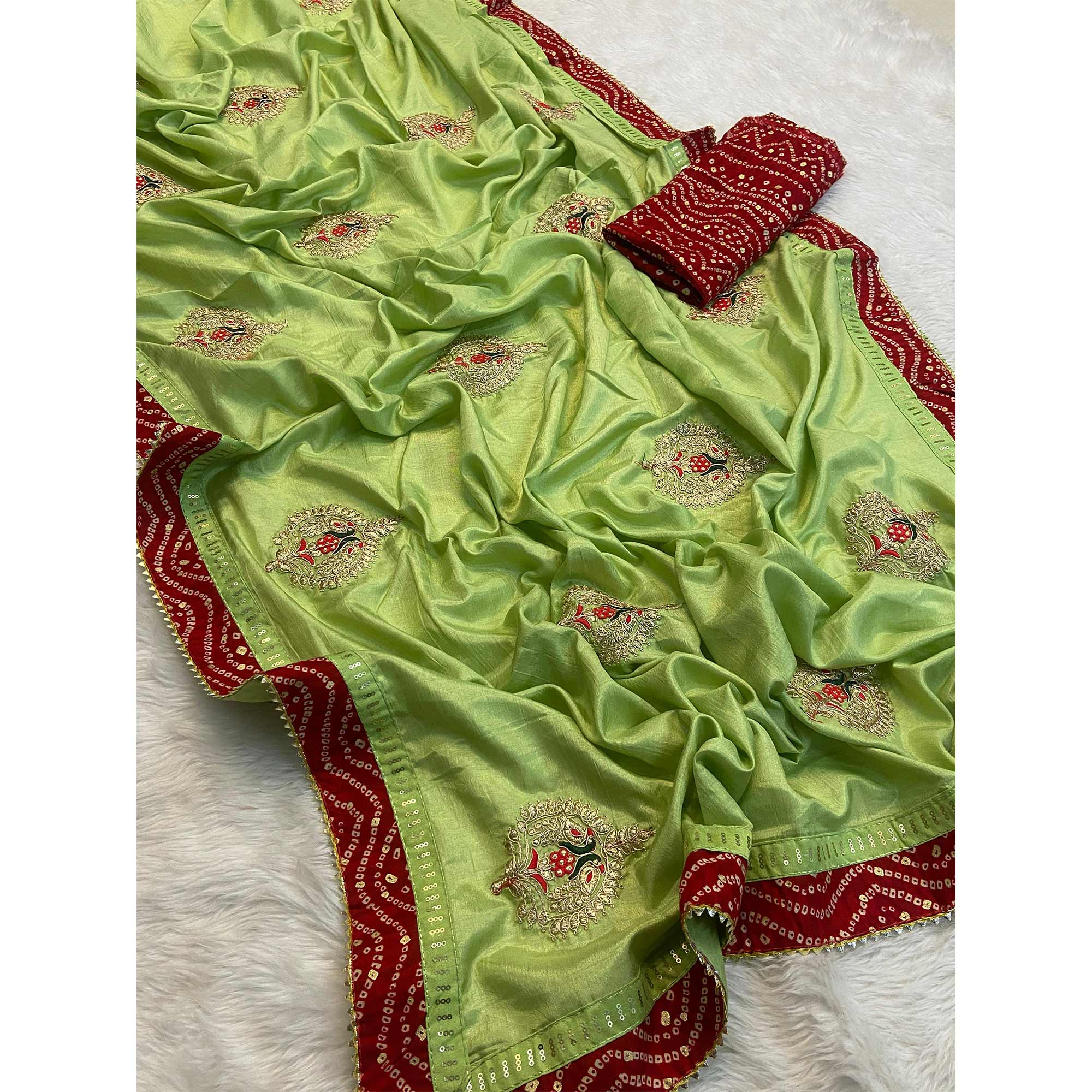 Green Zari Embroidered Vichitra Silk Saree