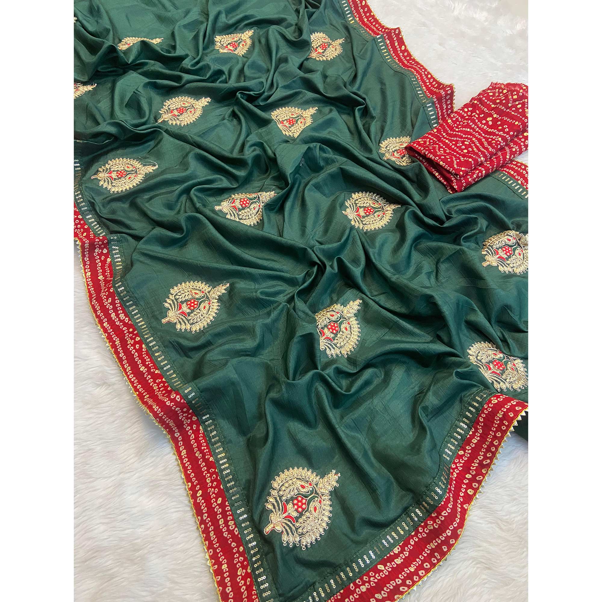 Morpich Green Zari Embroidered Vichitra Silk Saree