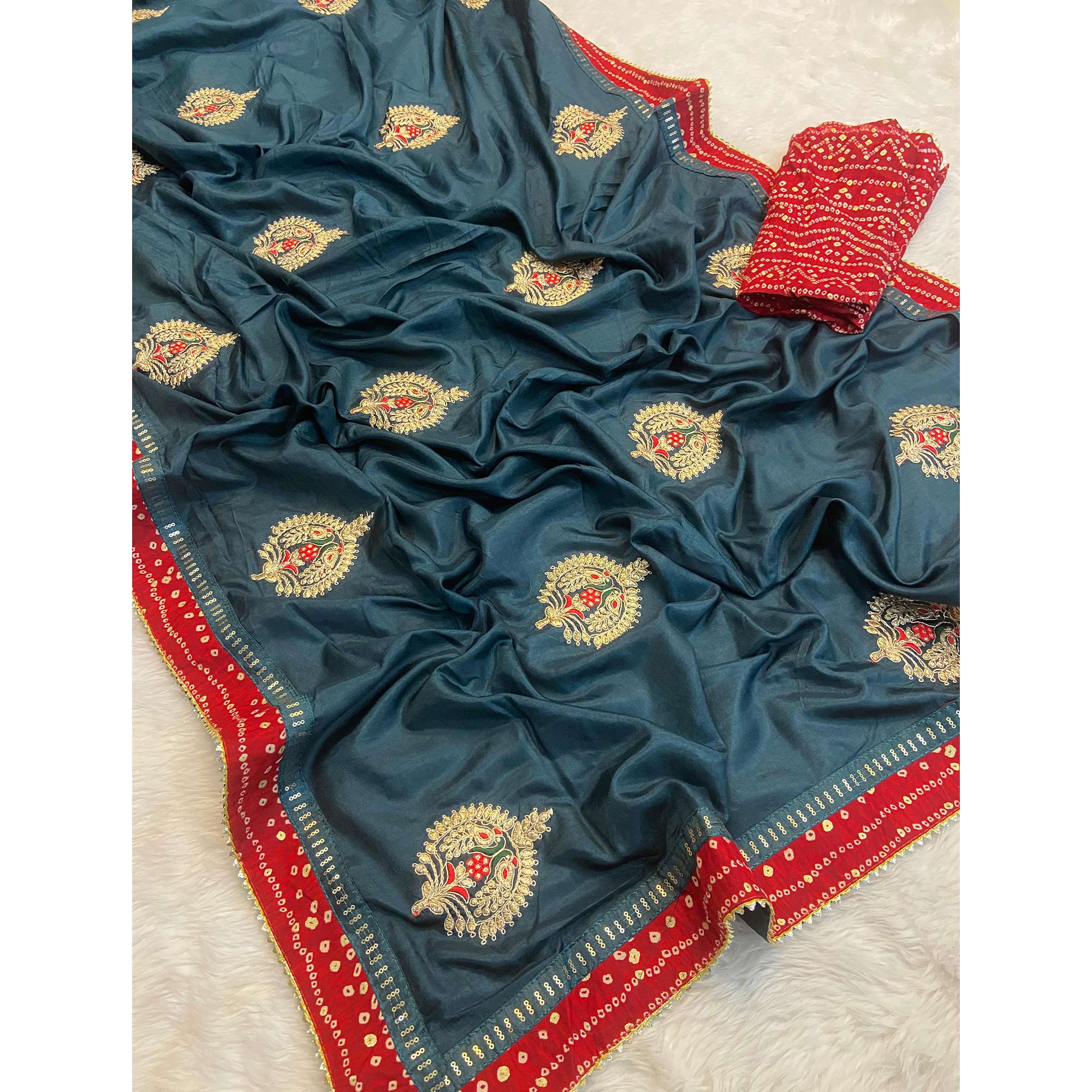 Teal Zari Embroidered Vichitra Silk Saree