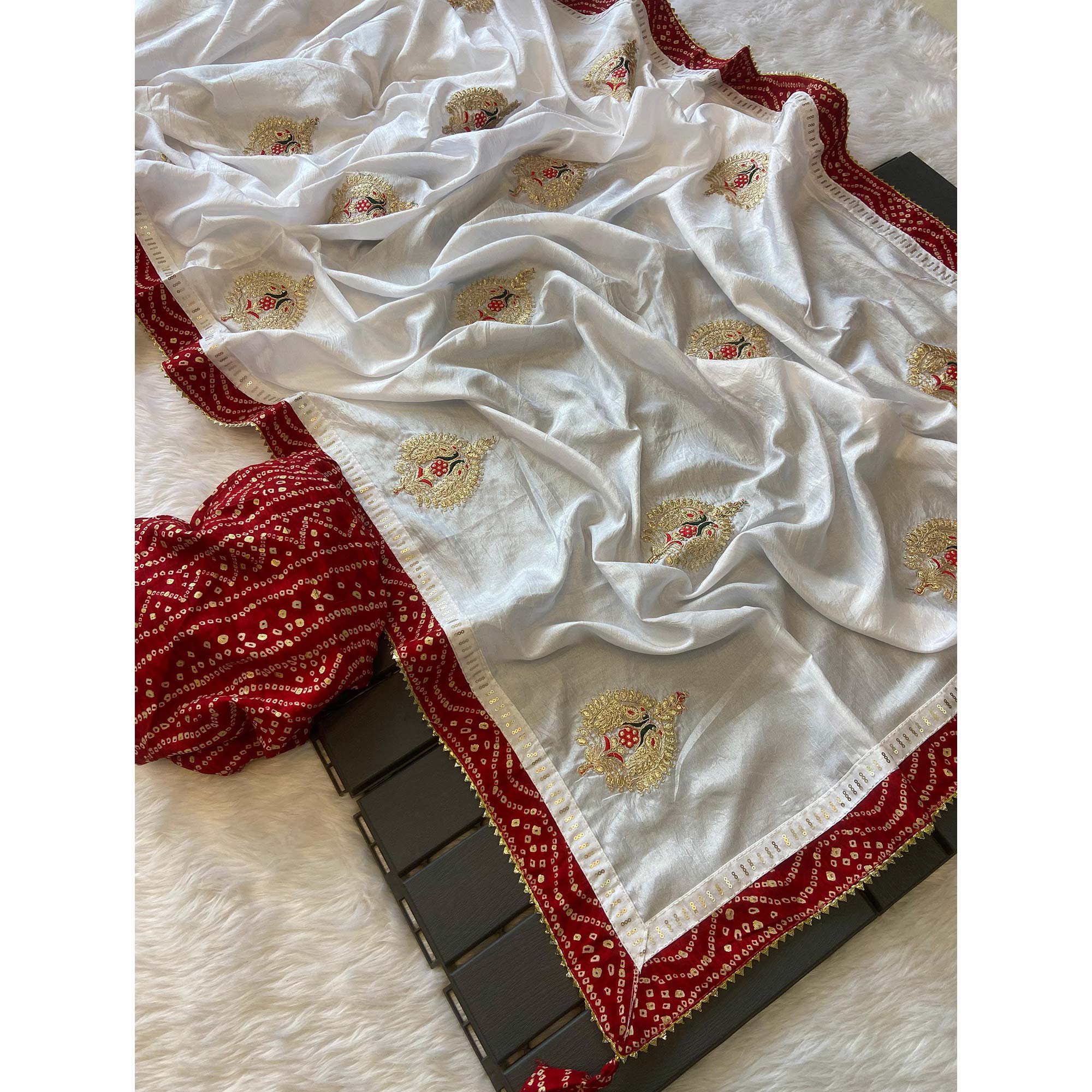 White Zari Embroidered Vichitra Silk Saree